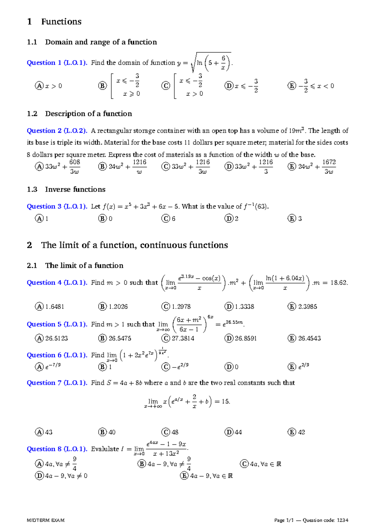đề giữa kì giải tích 1 - 1 Functions 1 Domain and range of a function ...