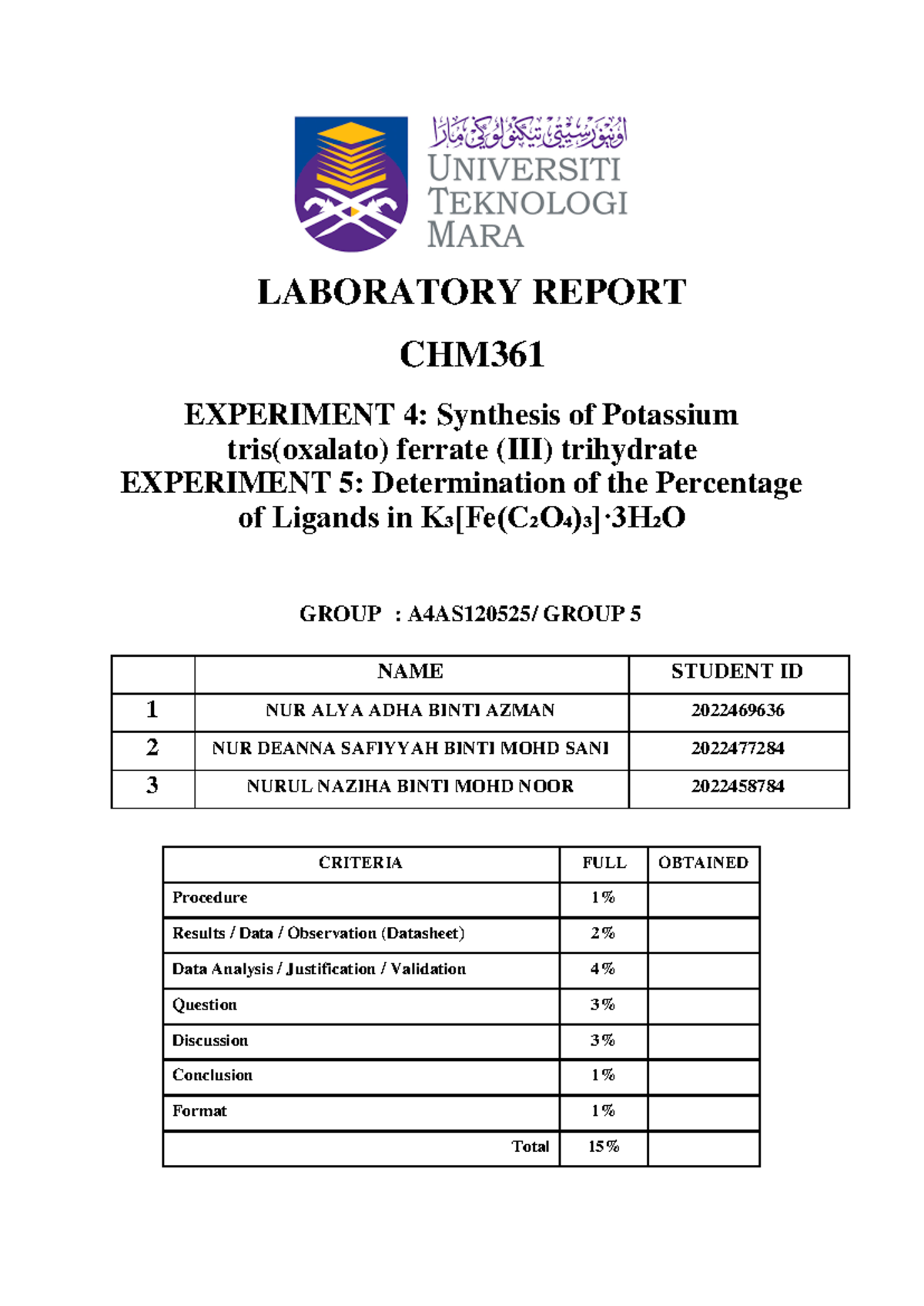 LAB Report EXP 4&5 CHM361 - LABORATORY REPORT CHM EXPERIMENT 4 ...