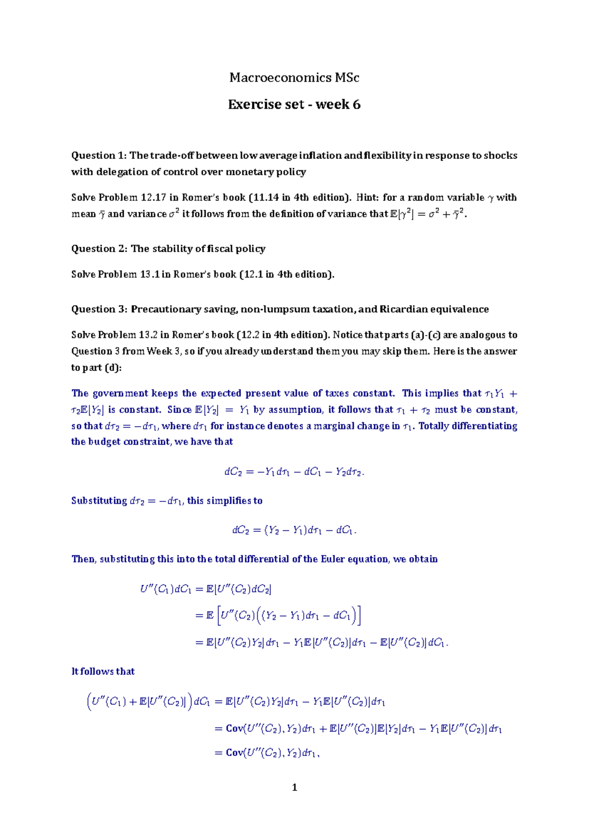 Macroeconomics MSc Exercise Set - Week 6 Solutions and Analysis ...