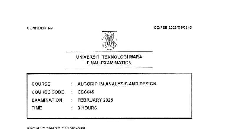CSC645 Final Exam Paper: Algorithm Analysis & Design - Feb 2025 - Studocu