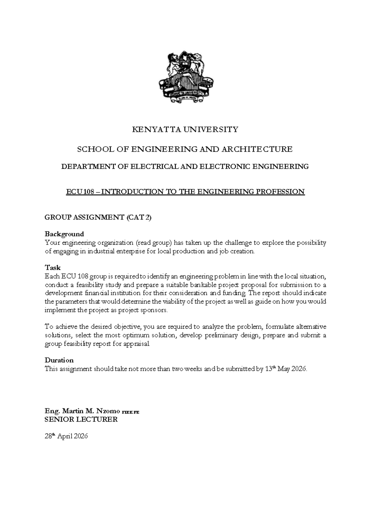 KU ECU 108 Group Assignment CAT 2: Feasibility Study Proposal - Studocu