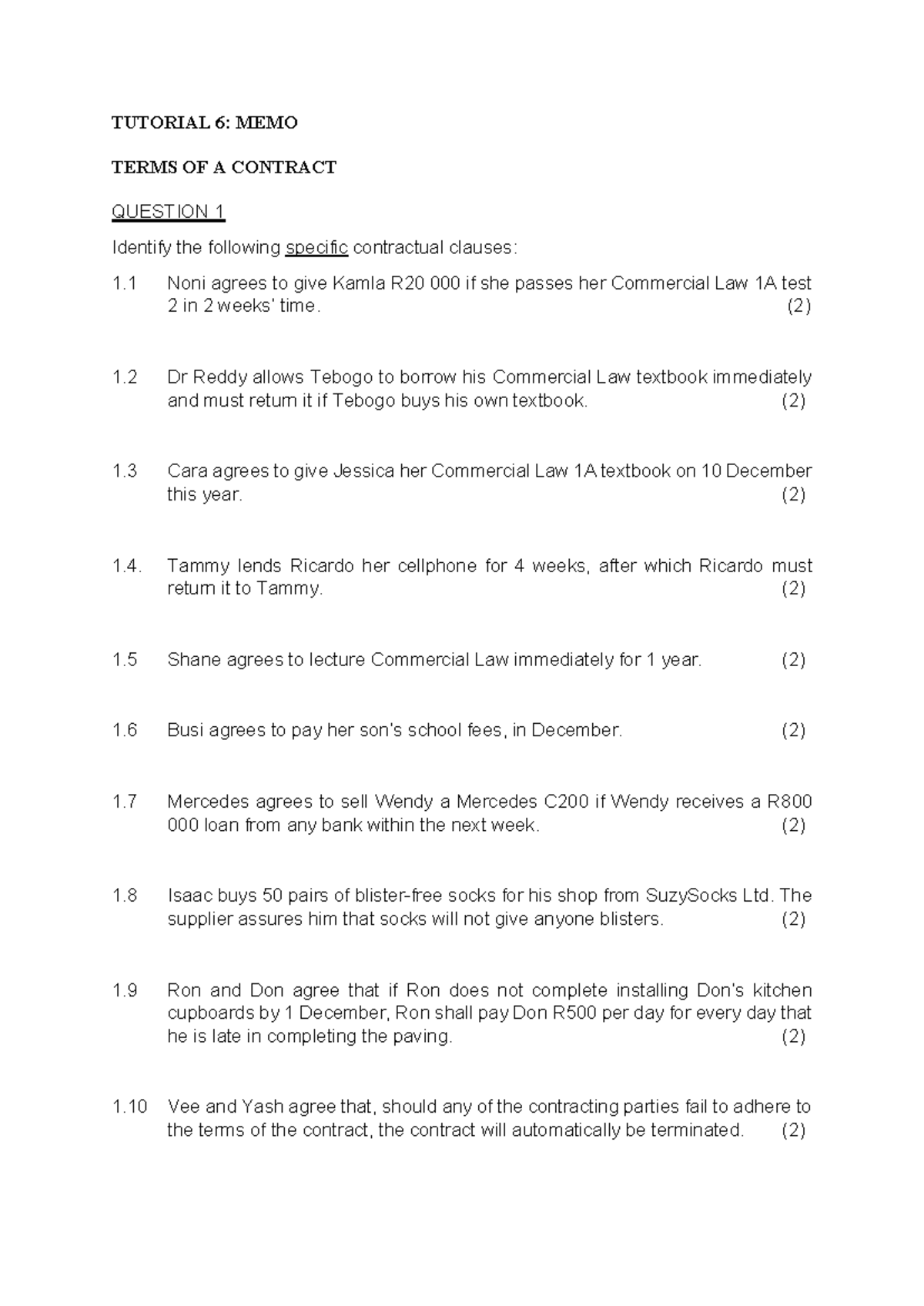 Tutorial 6: Key Contractual Clauses in Commercial Law 1A - Studocu