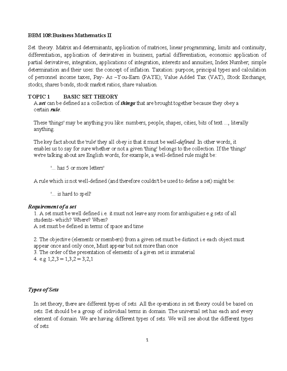 BBM 108: Business Mathematics II - Set Theory and Applications - Studocu