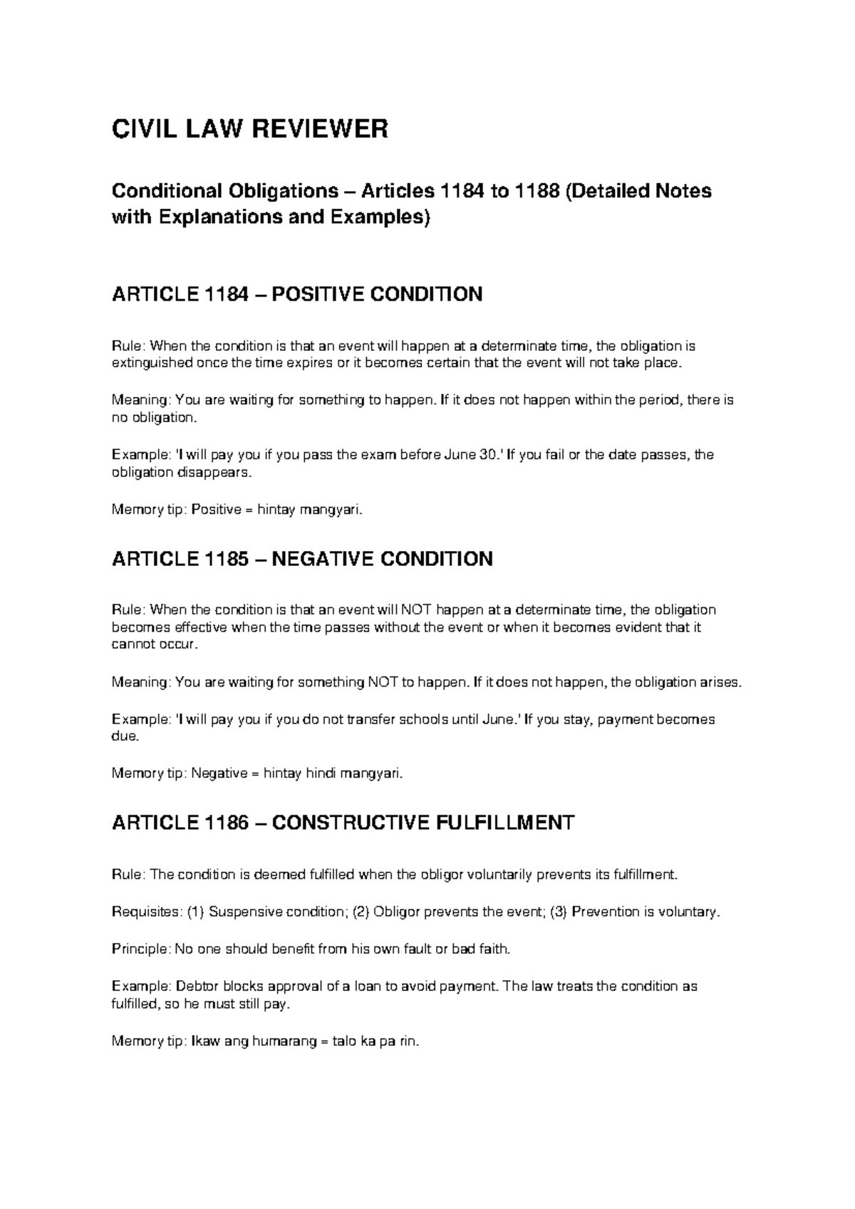 CIVIL LAW REVIEWER Conditional Obligations Arts 1184-1188 Detailed ...