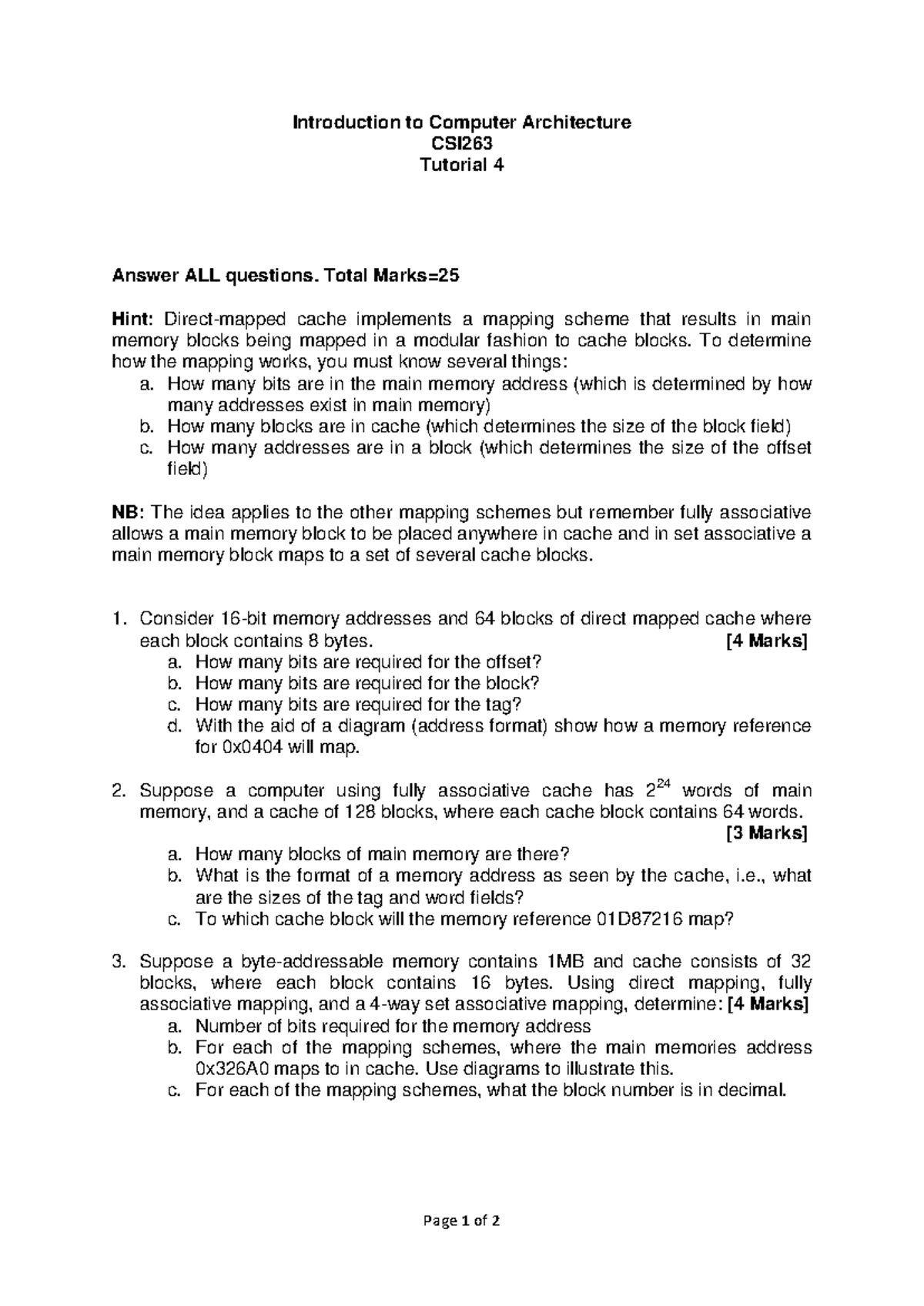 CSI263 Computer Architecture Tutorial 4: Cache Mapping Concepts - Studocu