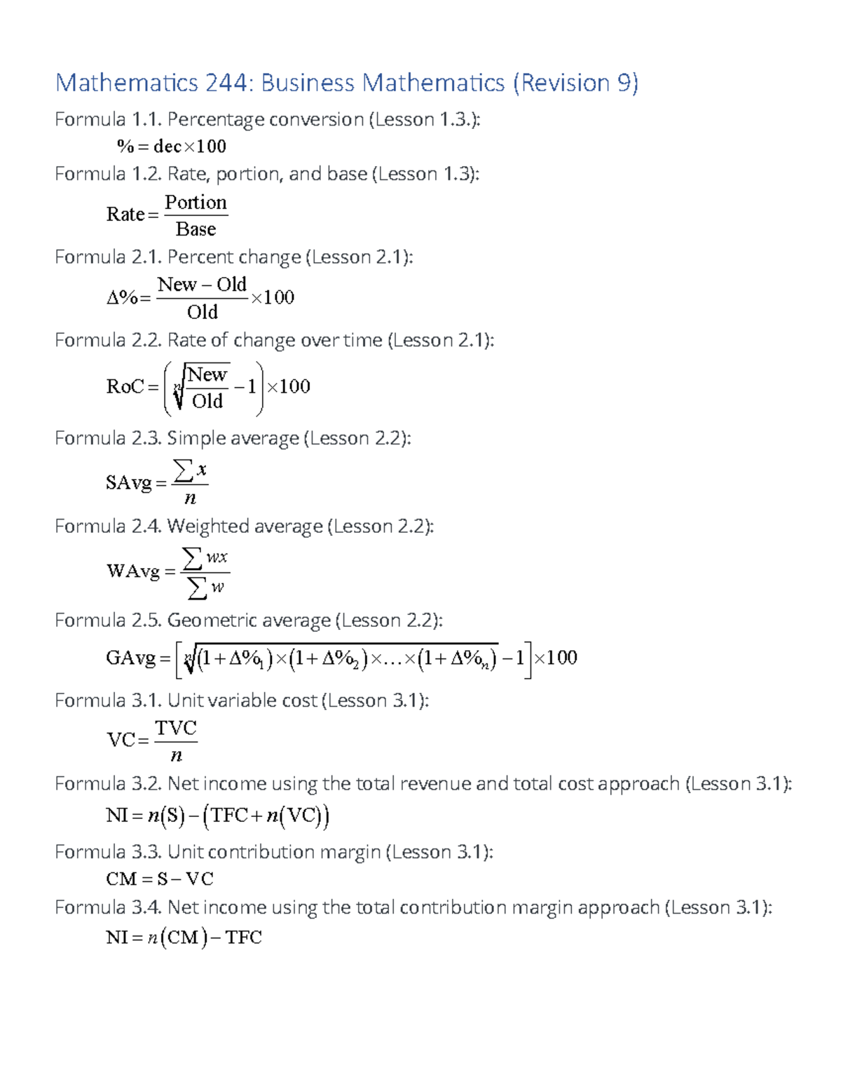 Mathematics 244: Business Mathematics Formulas (Revision 9) - Studocu