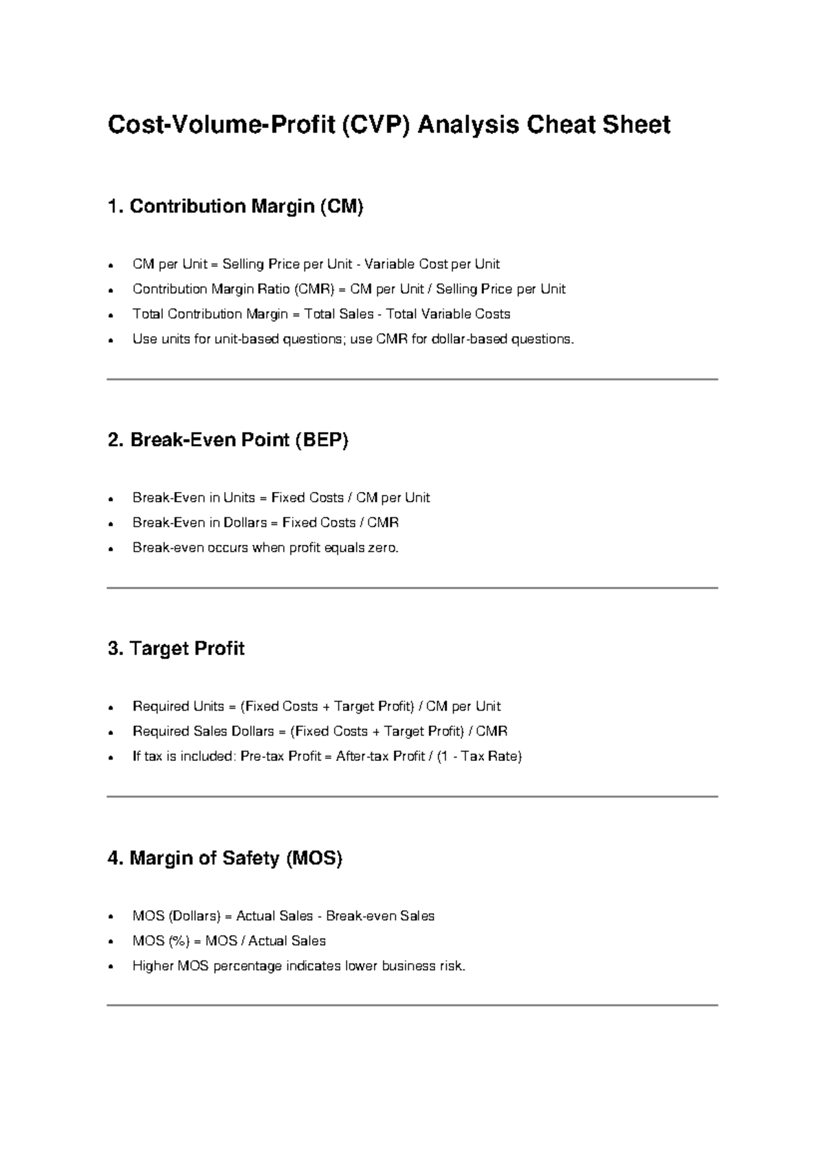 CVP Analysis Cheat Sheet: Key Concepts and Formulas - Studocu