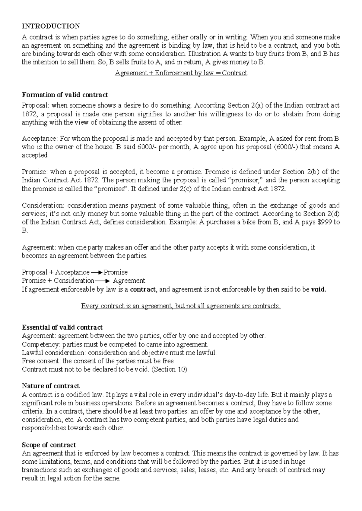Contract - informative - INTRODUCTION A contract is when parties agree ...