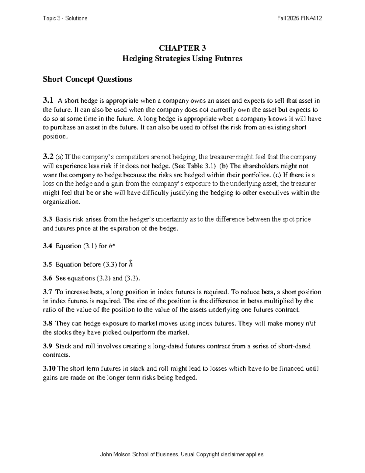 FINA412 Topic 3 Solutions: Hedging Strategies & Concept Questions - Studocu