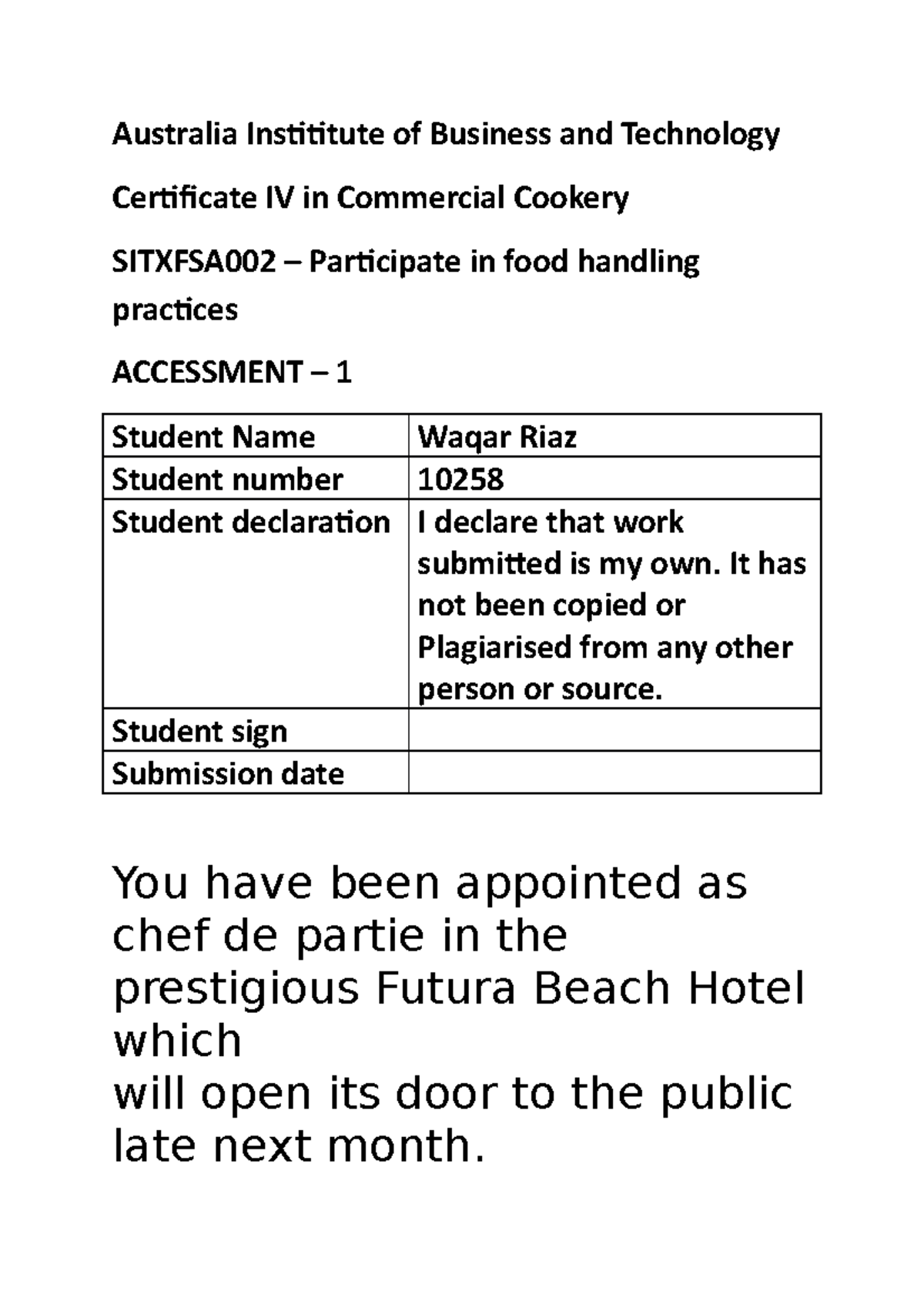 Sitxfsa 002 - A01 - Participate in safe food handling practices ...