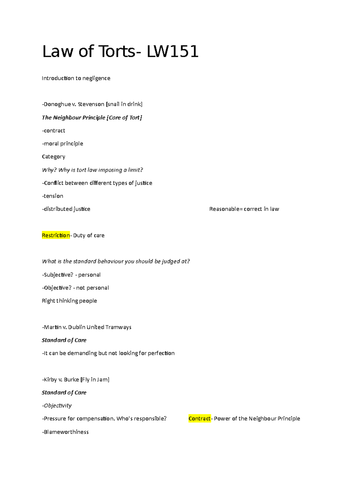 Law of Torts - LW151 - Negligence & Duty of Care Notes - Studocu
