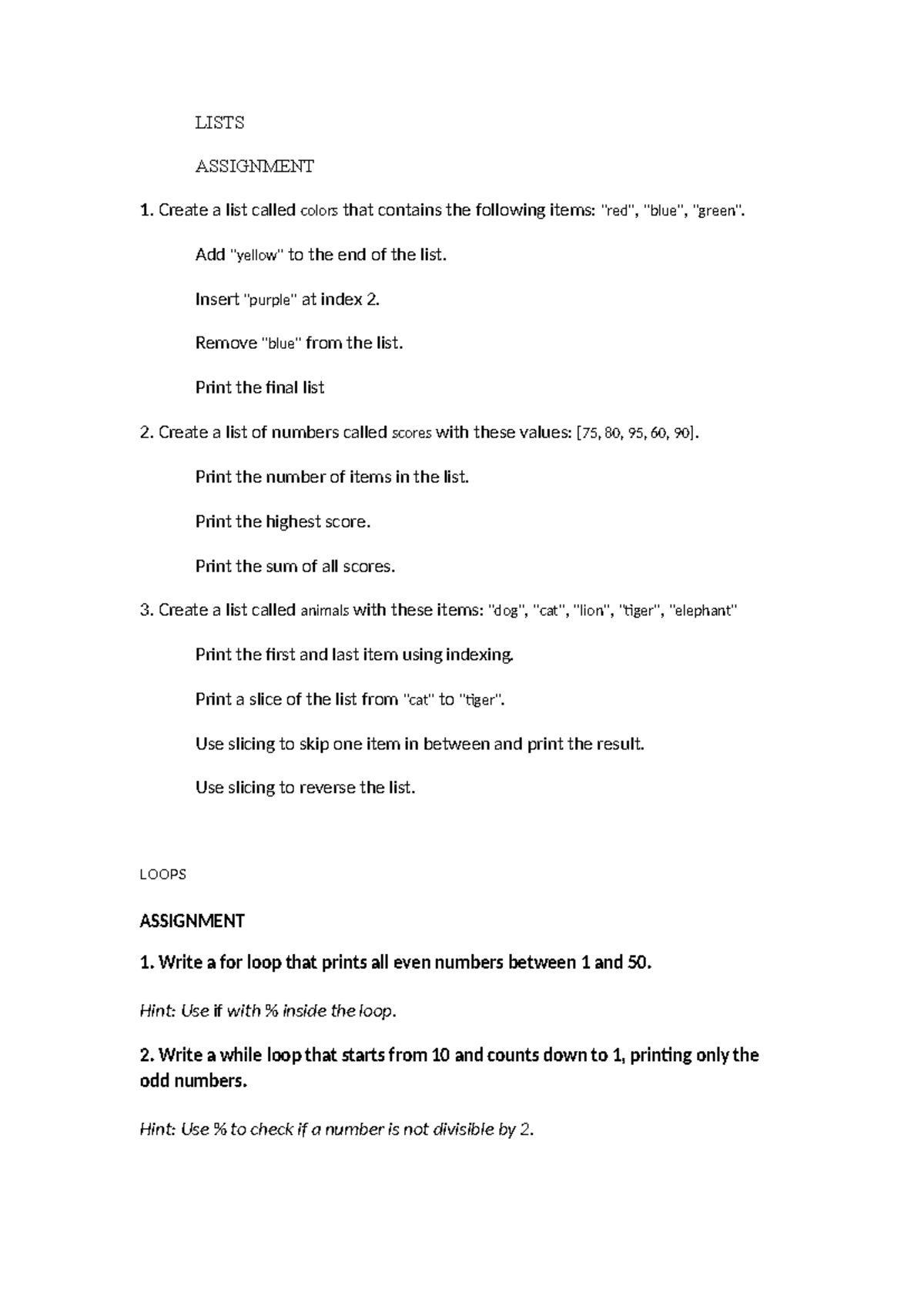 CS101: Lists and Loops Assignment 1 - Python Basics - Studocu