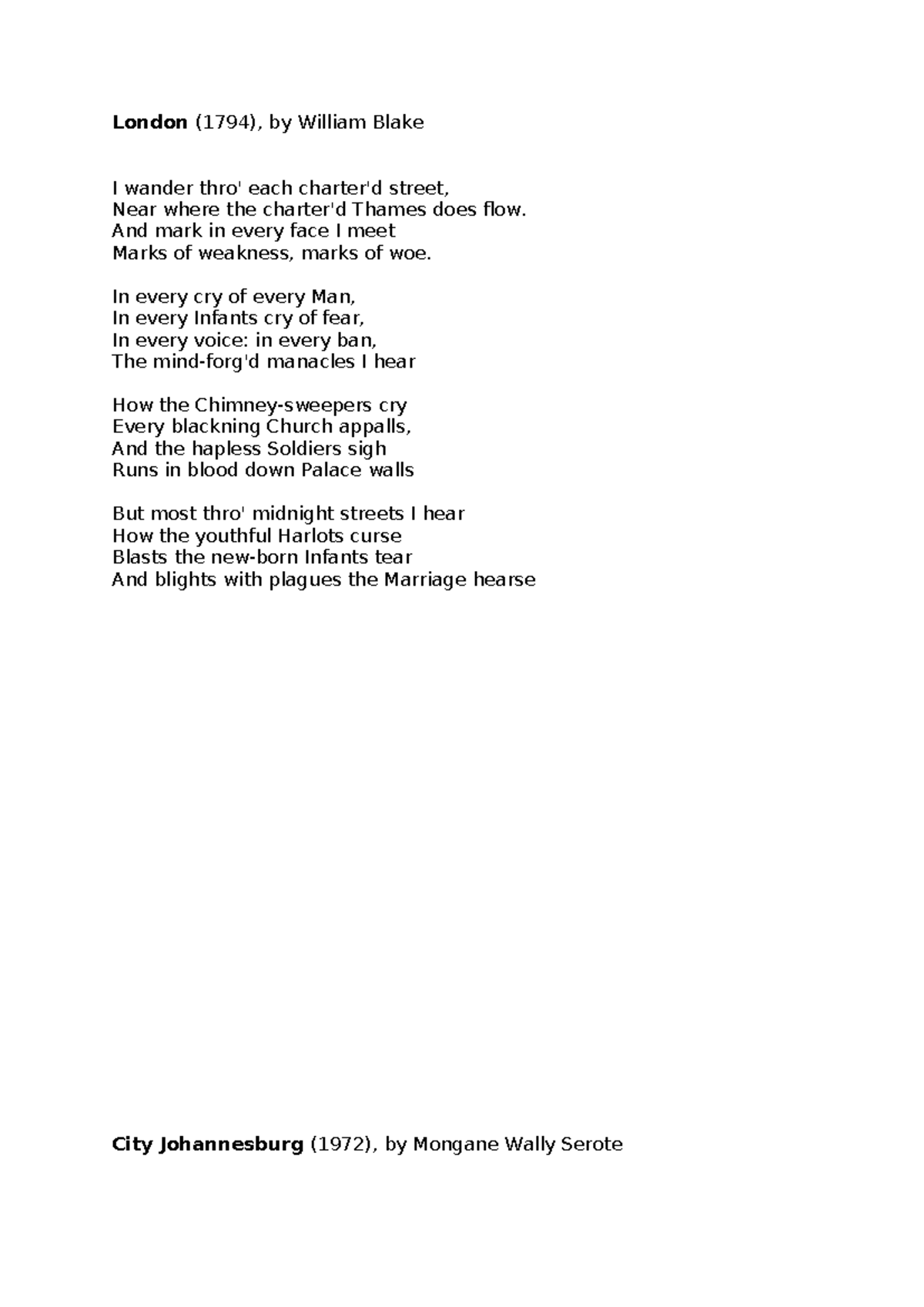 English 1B Poetry Analysis: Urban Themes in Blake & Serote - Studocu