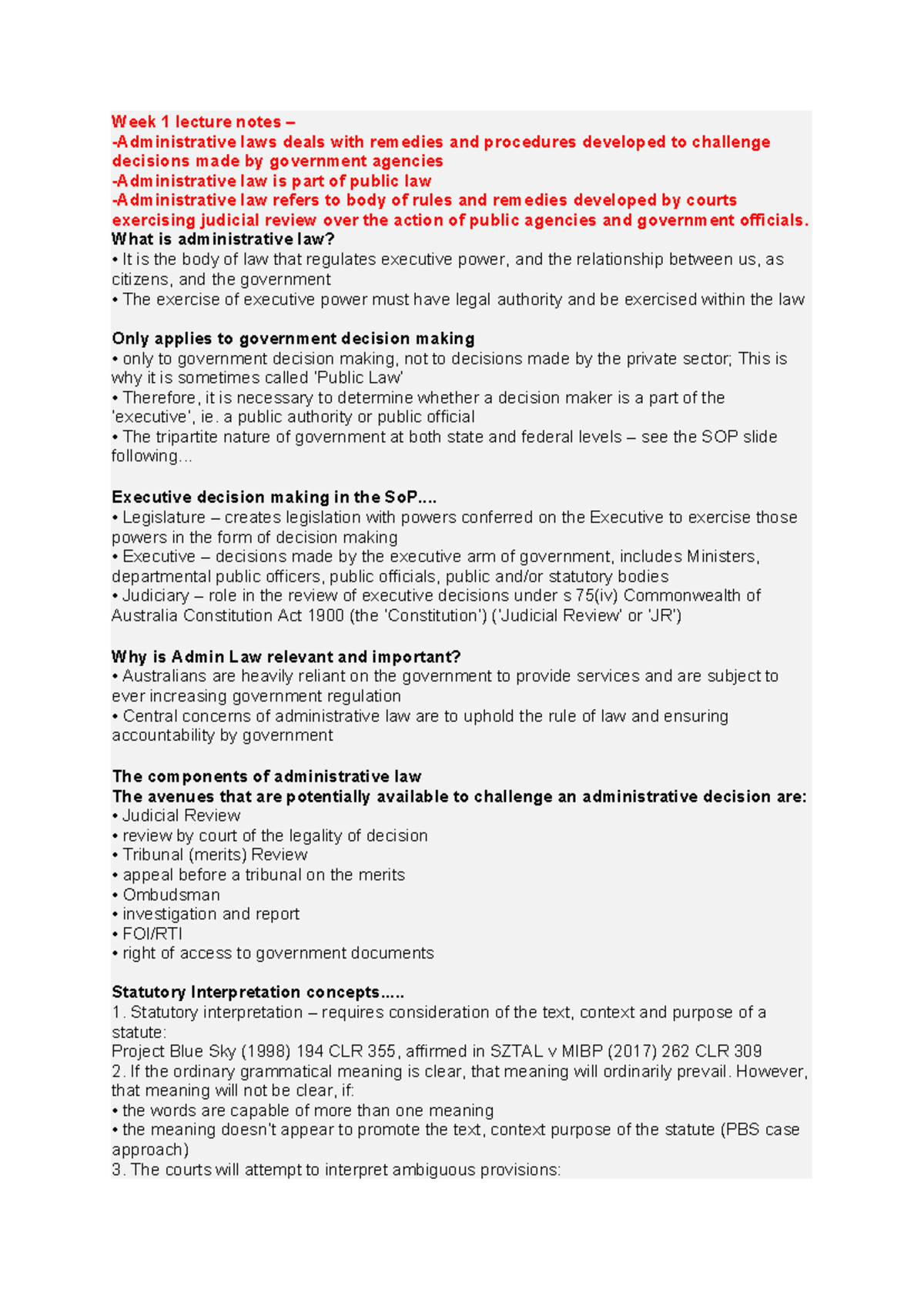 Administrative Law: Week 1 Lecture Notes on Remedies & Procedures - Studocu