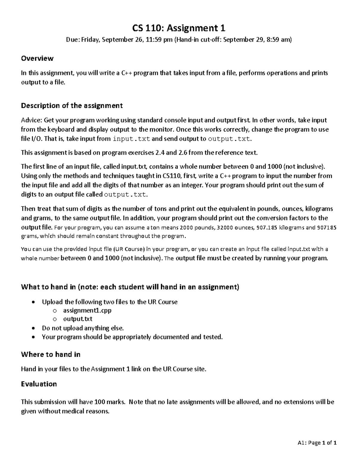 CS 110: Assignment 1 - Basic Input/Output File Operations - Studocu