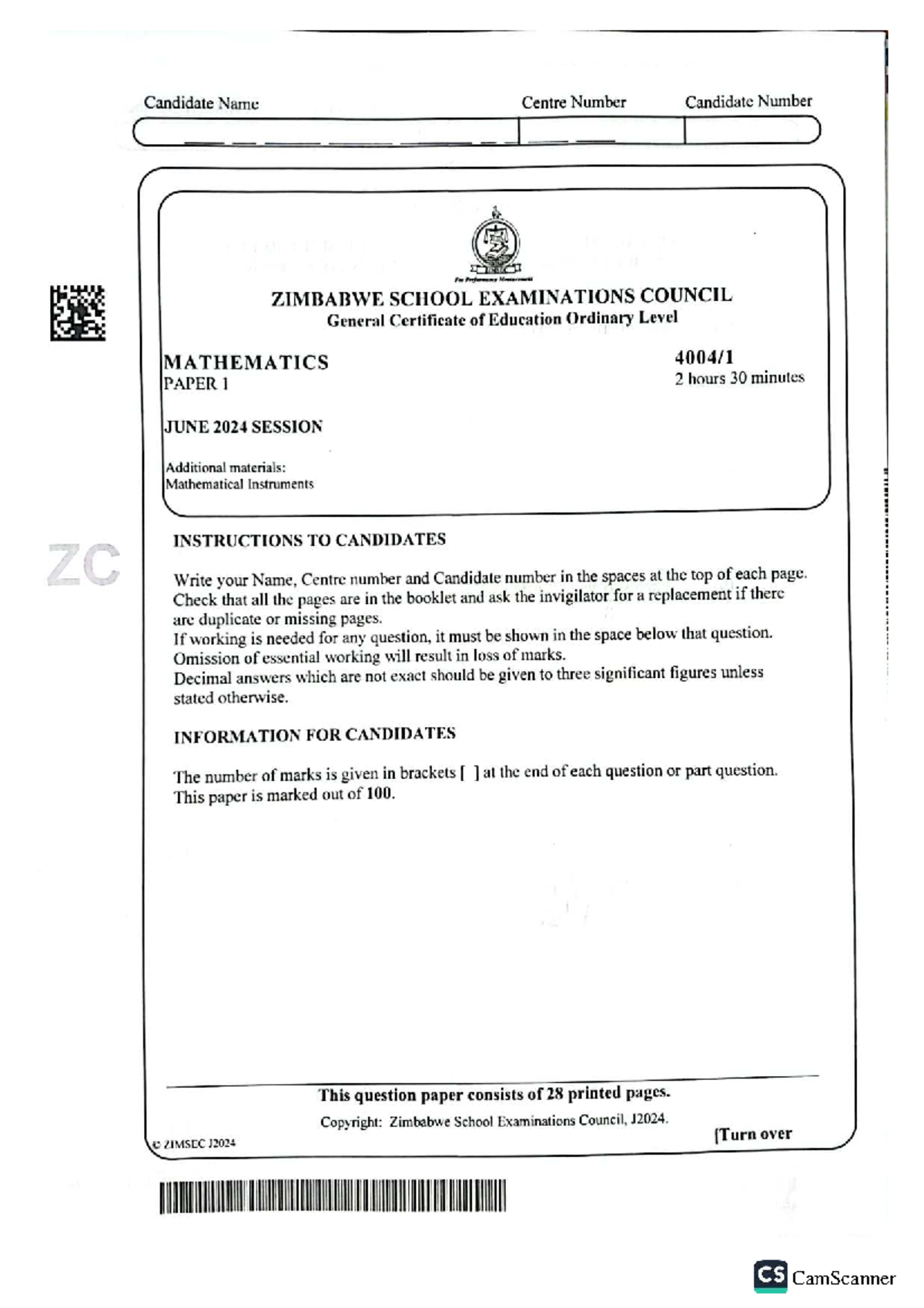 Mathematics Paper 1 (ZIMSEC J2024) - June 2024 Exam - Studocu