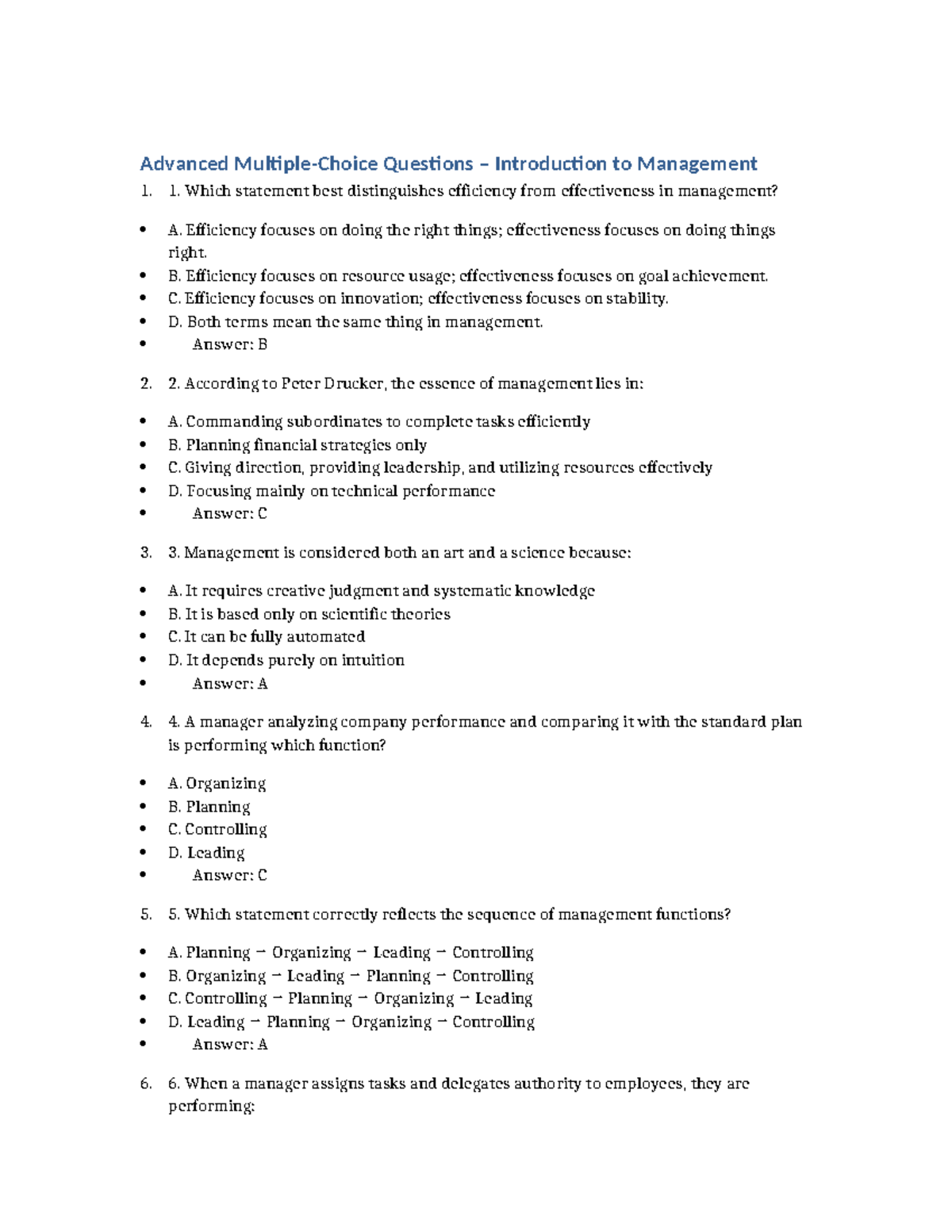Advanced Management MCQ (Course Code: IM 101) - Studocu