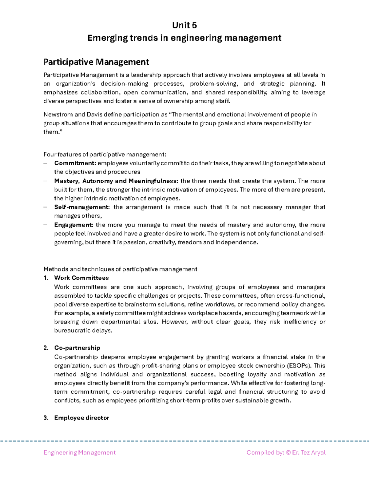 Engineering Management Unit 5: Trends in Participative Management - Studocu