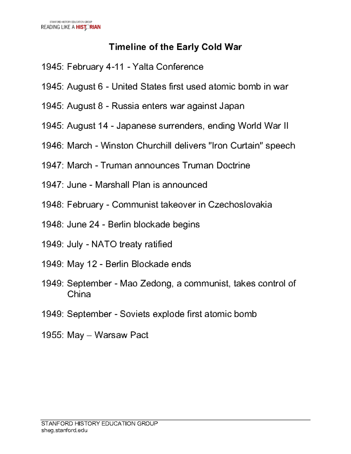 Cold War Timeline: Key Events from 1945 to 1955 - Studocu