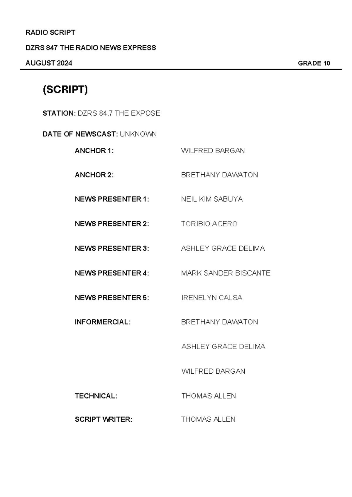 DZRS 847 Radio News Express Script - August 2024 Broadcast - Studocu
