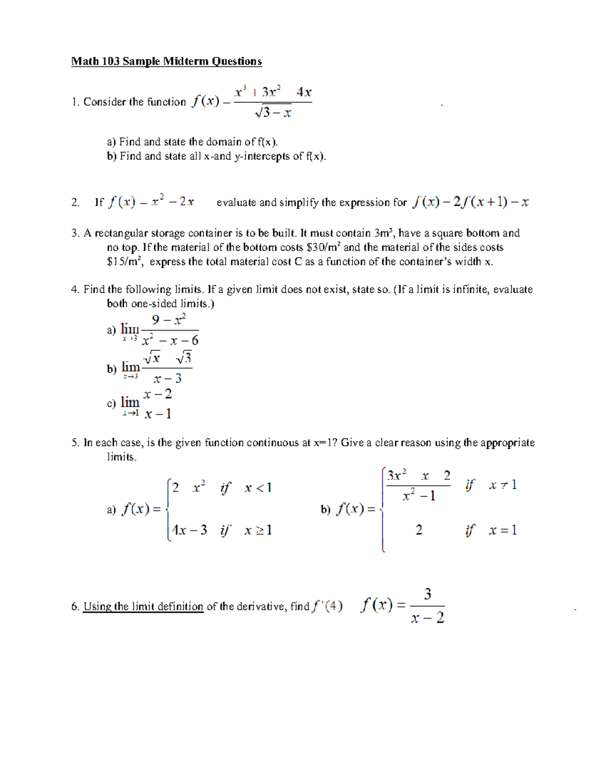 M103samplemidterm - Summary - Math 103 Sample Midterm Questions ...