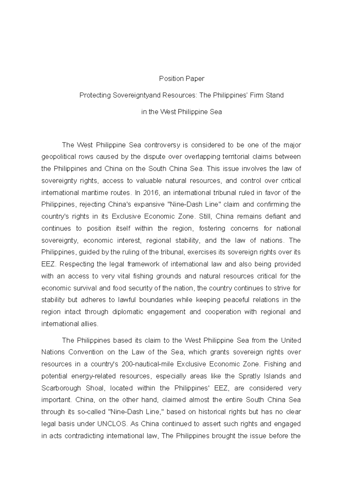 West Philippine sea position paper - Position Paper Protecting ...