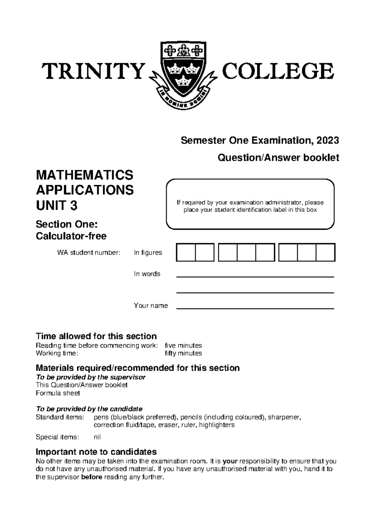 Trinity College Mathematics Applications Unit 3 Semester One Exam 2023 ...