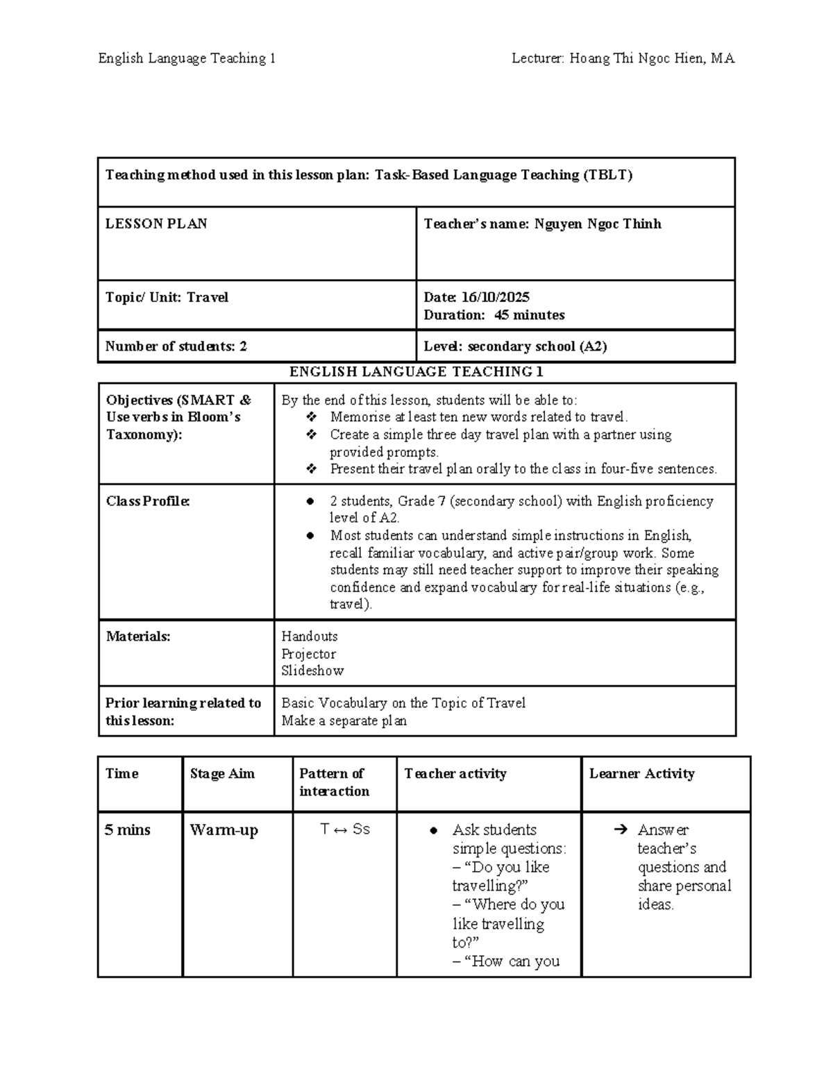 English Language Teaching 1: TBLT Lesson Plan on Travel - Studocu