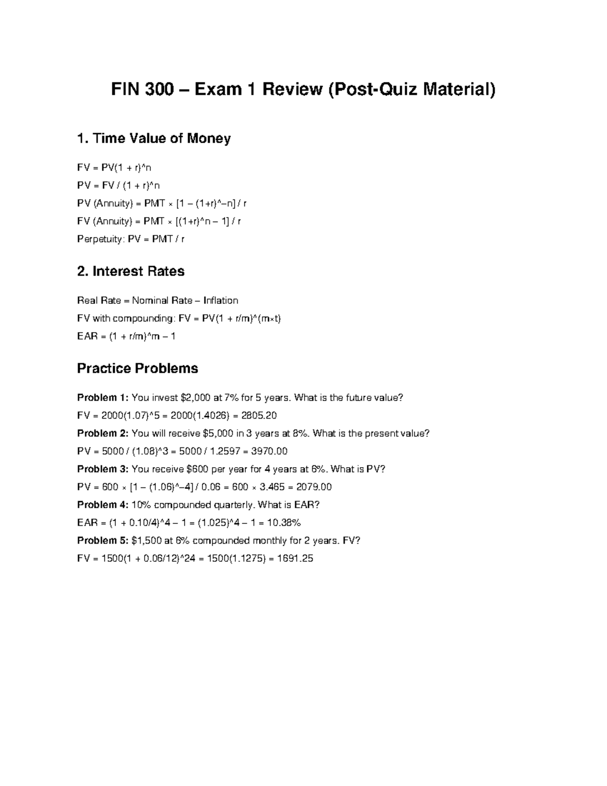FIN 300 Exam 1 Review & Post Quiz Study Guide - Studocu