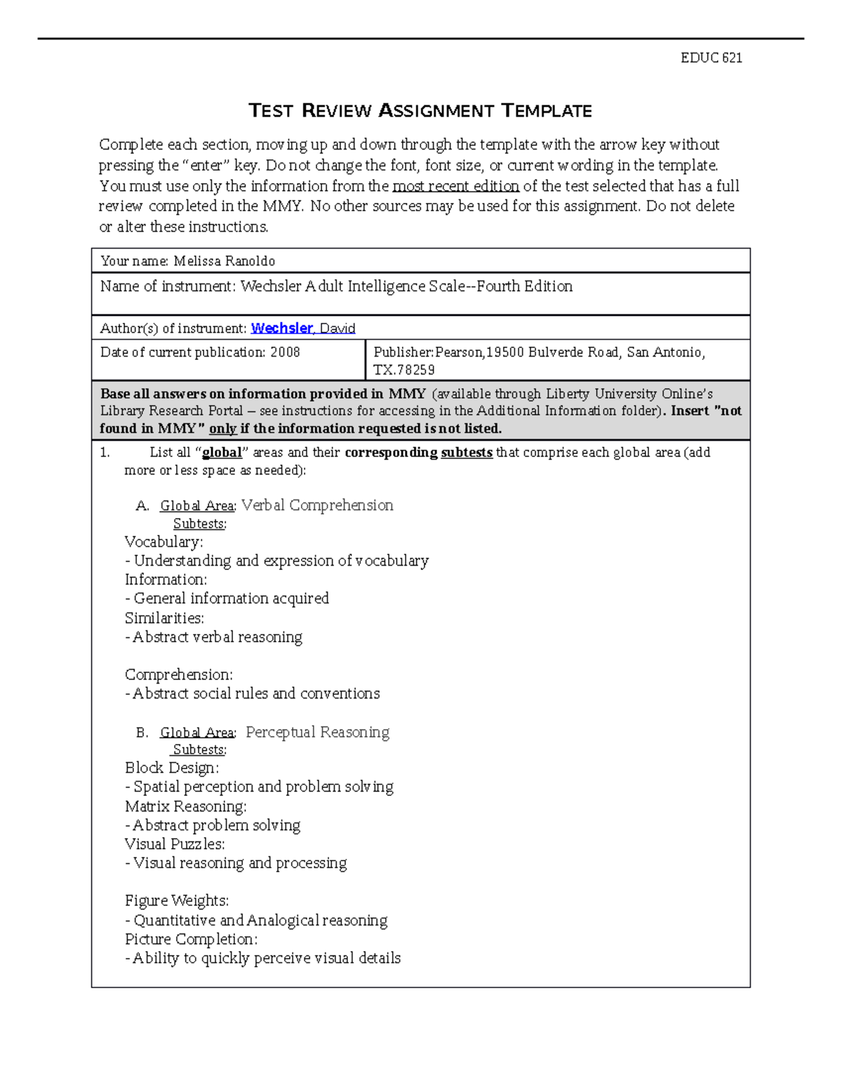Cognitive Test Review Assignment Week Three 1 - TEST REVIEW ASSIGNMENT ...