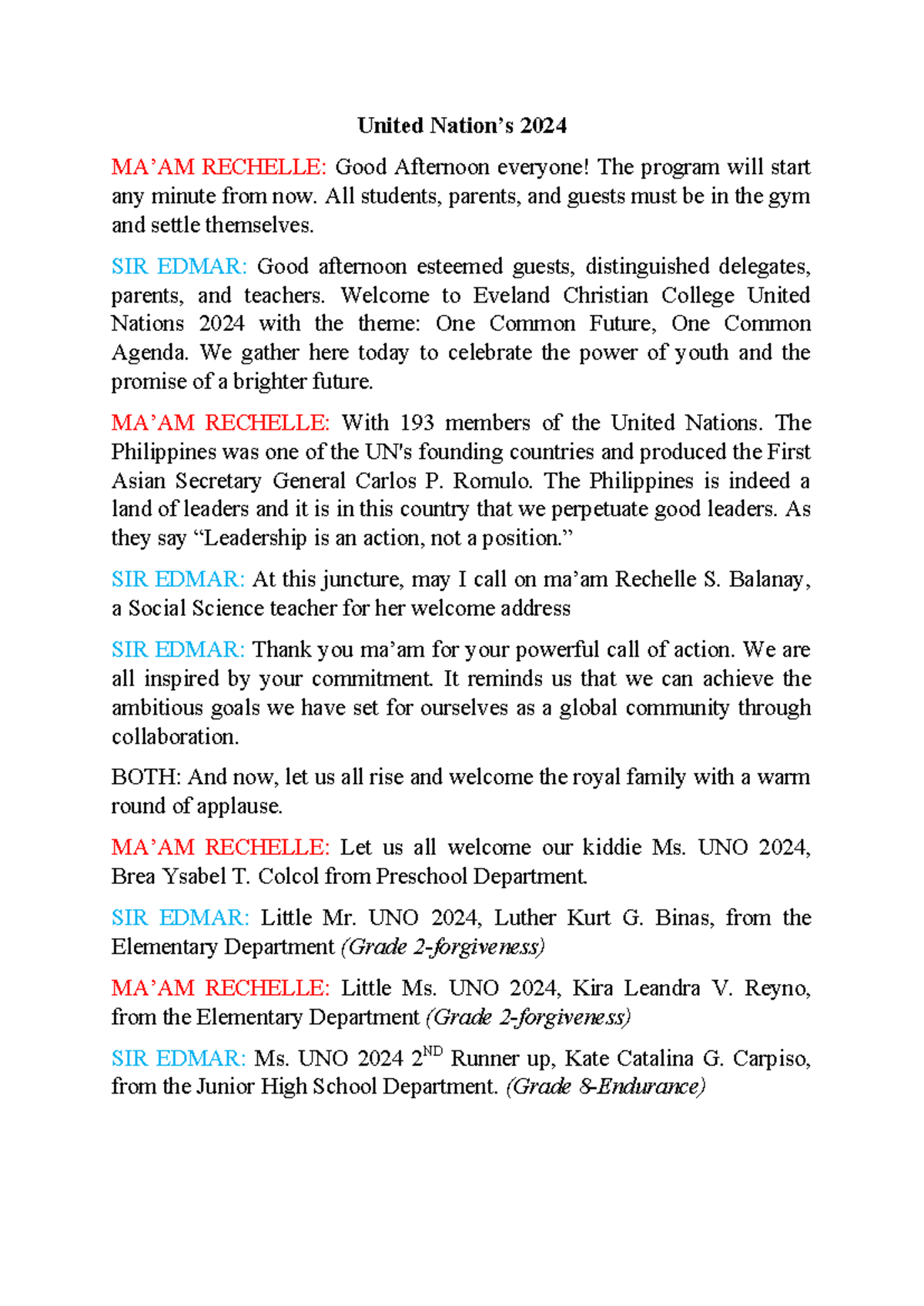 United Nations 2024 Program Script: A Celebration of Youth and Unity ...