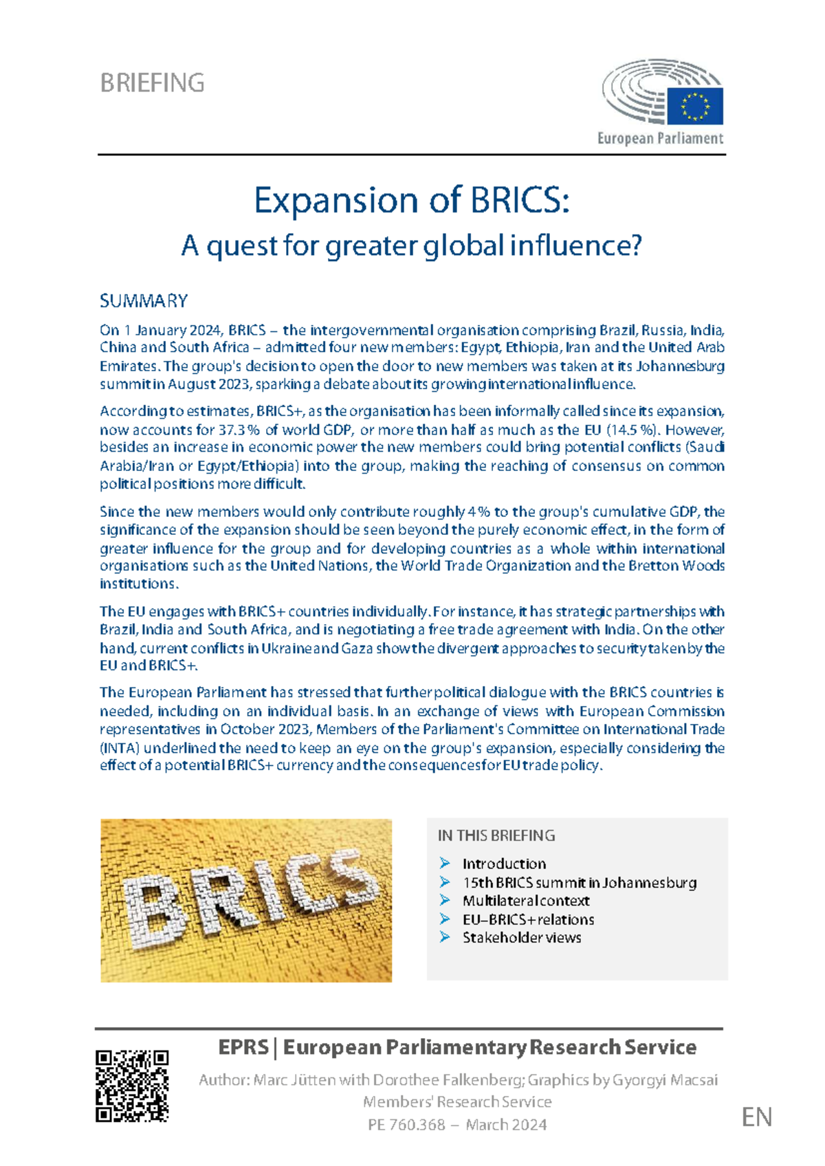 EPRS BRI(2024)760368 EN: Expansion of BRICS and Its Global Impact ...