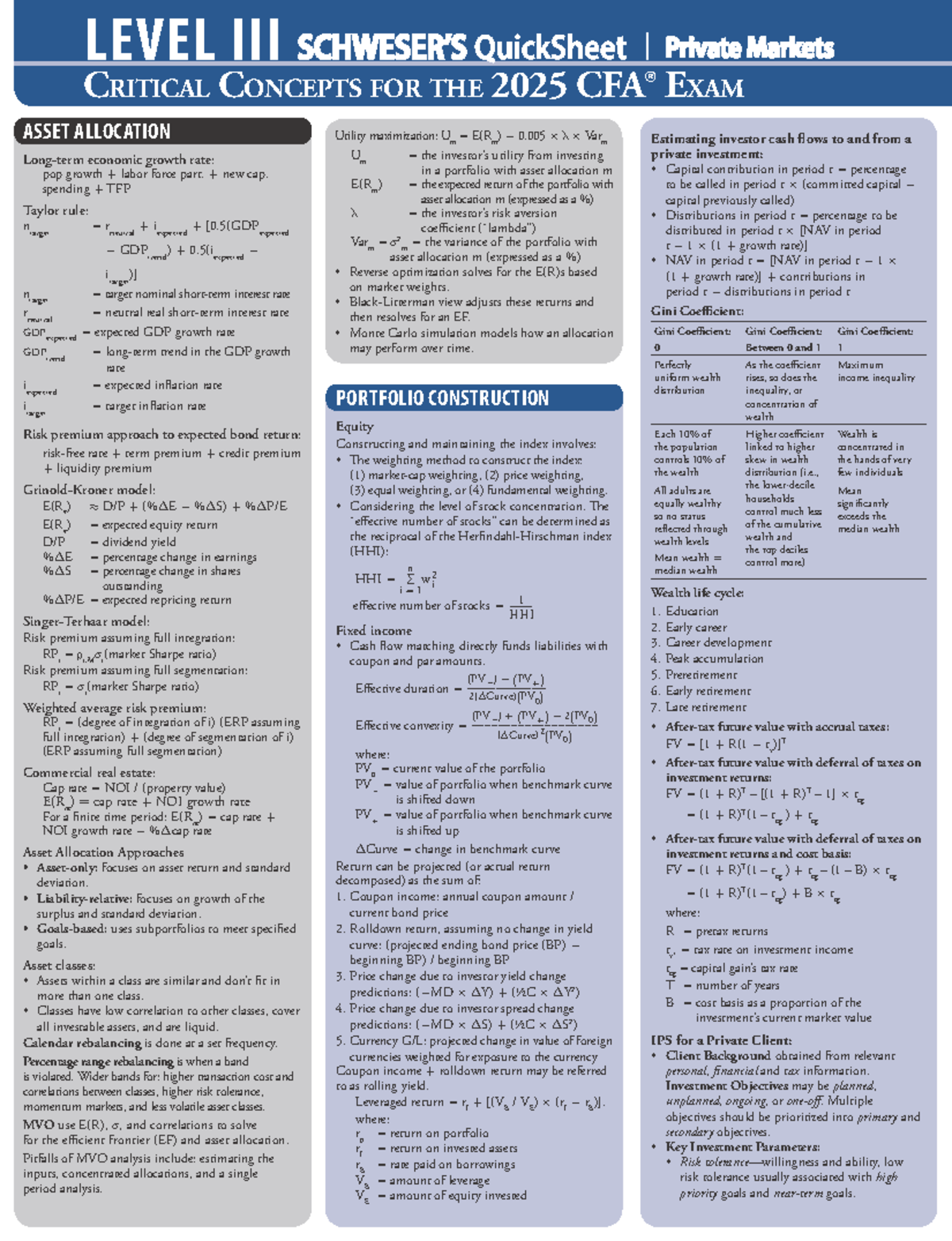 Private Markets QuickSheet: Critical Concepts for the 2025 Exam - Studocu