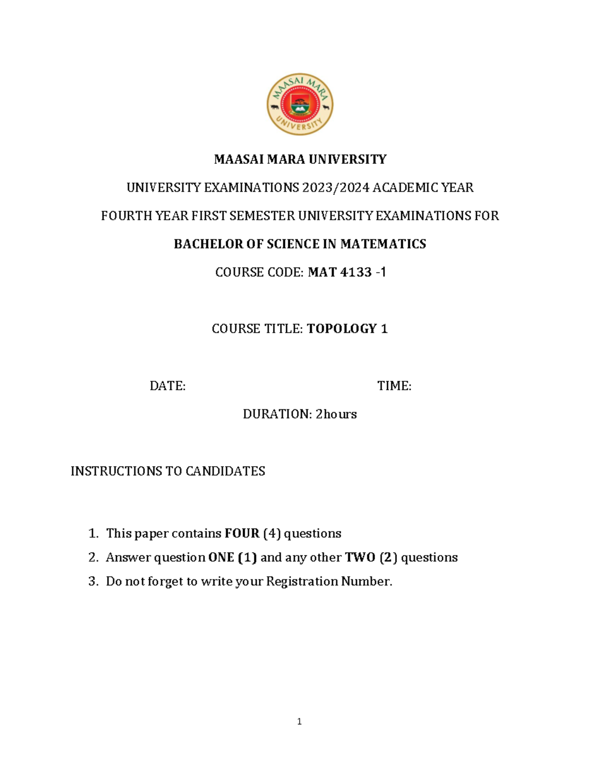 MAT 4133 Final Exam 2023 - Topology I Questions and Instructions - Studocu