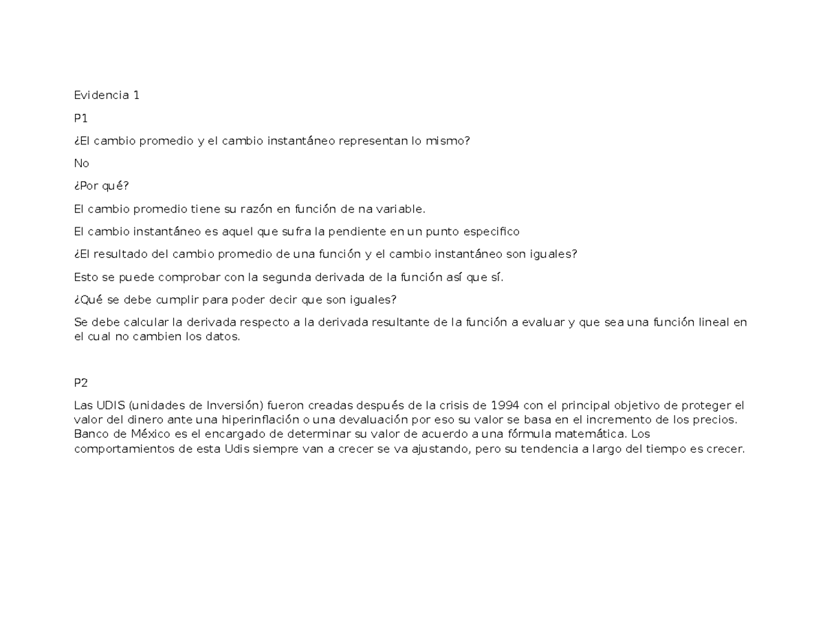 Evidencia 1 - aaaa - Evidencia 1 P ¿El cambio promedio y el cambio