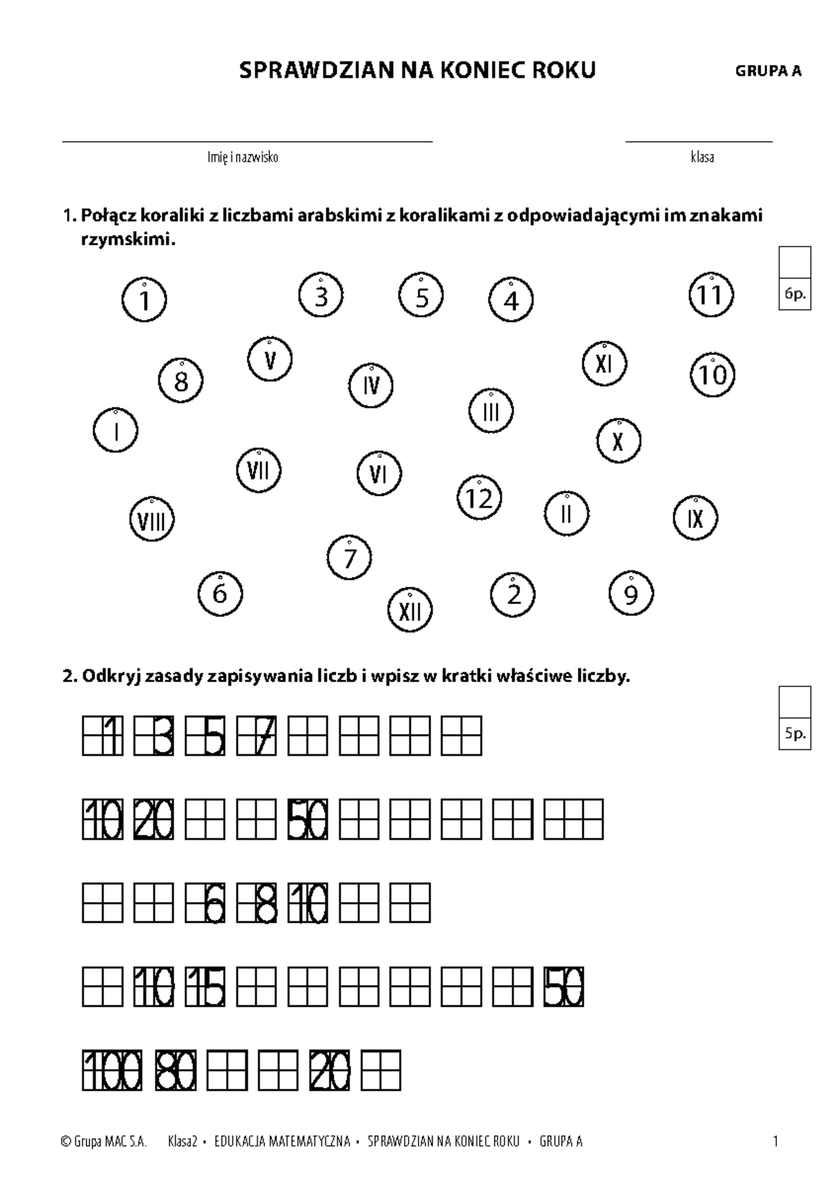 MAT kl2 A - Sprawdzian Na Koniec Roku: Test Kompetencji Matematycznych