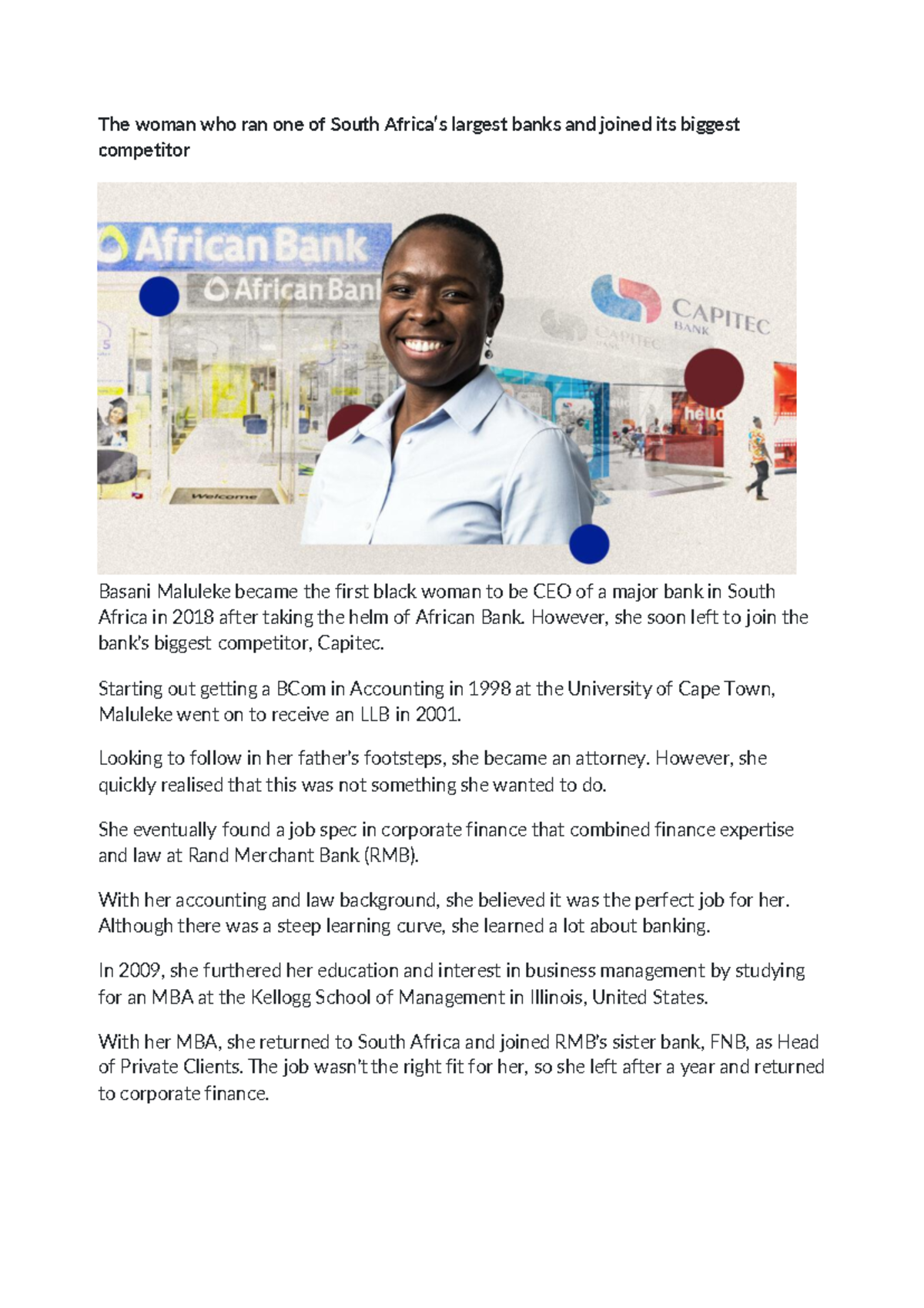 Basani Maluleke: Trailblazing CEO of African Bank and Capitec - Studocu