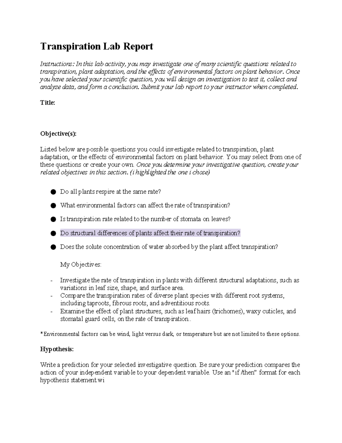 AP BIOLOGY 02 07 Transpiration Lab Report: Investigating Plant ...