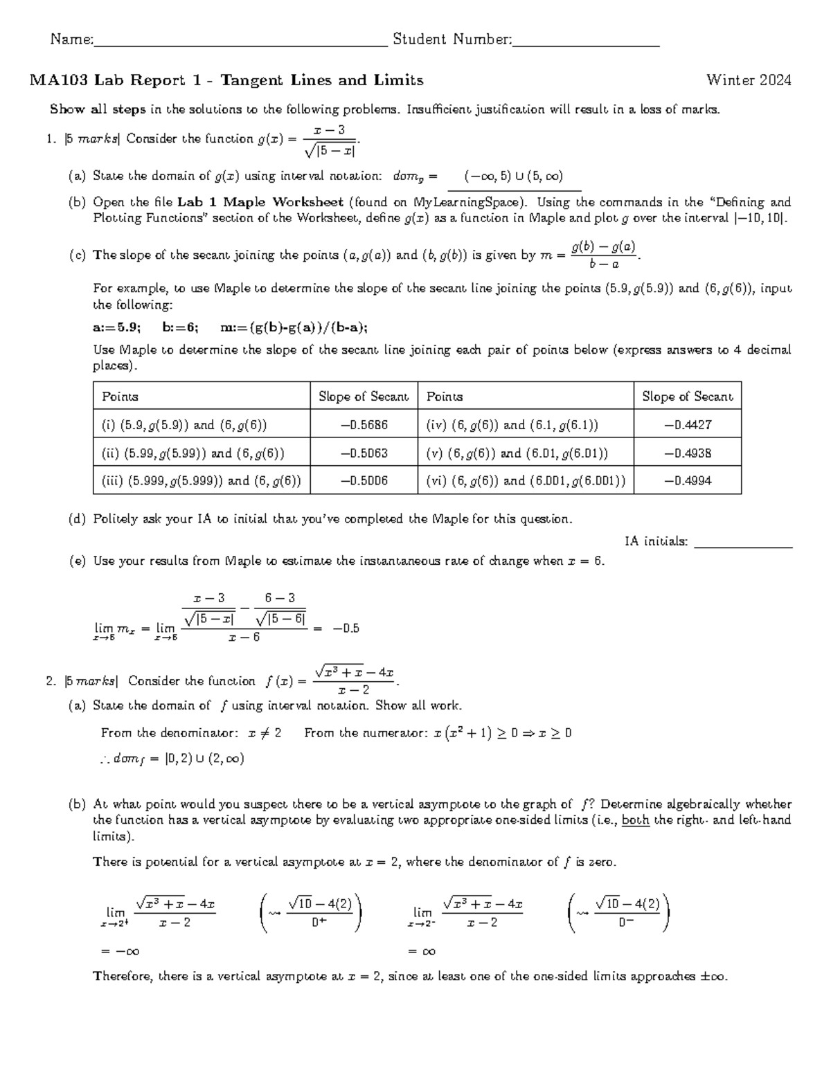MA103 Lab 1 Solutions: Tangent Lines & Limits - Winter 2024 - Studocu