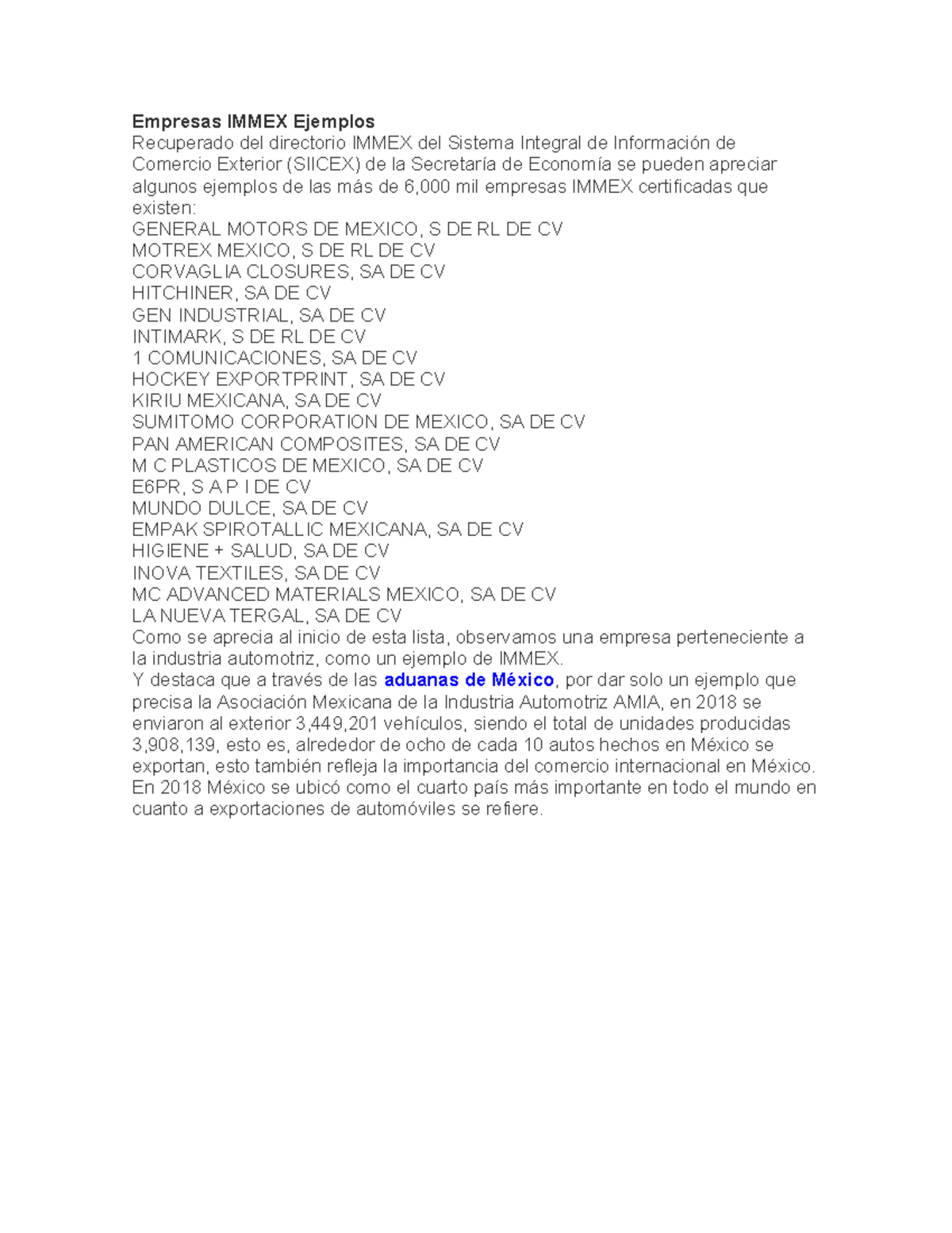 Ejemplos de Empresas IMMEX y su Impacto en Exportaciones - Studocu