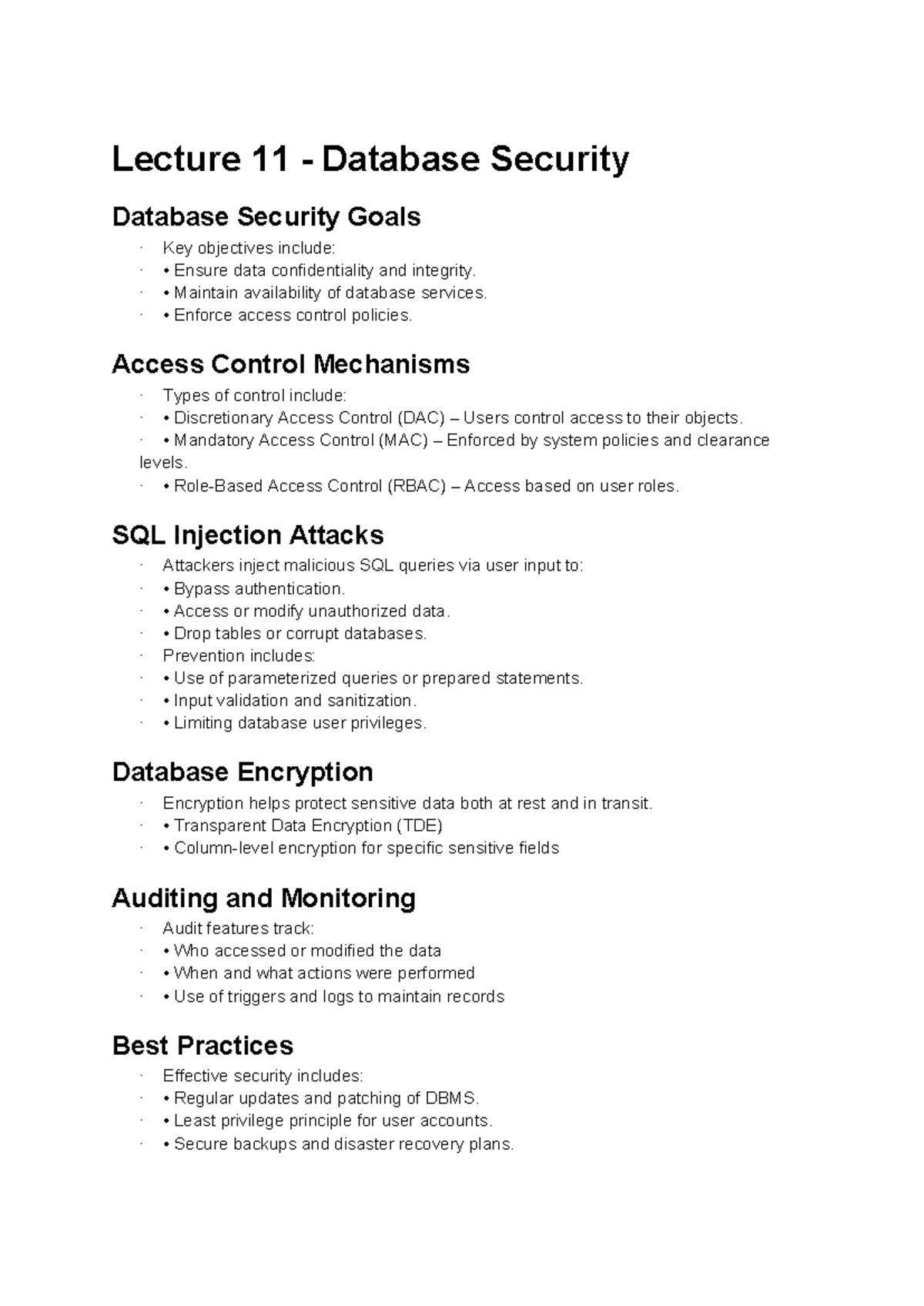 Lecture 11: Database Security Goals and Best Practices - Studocu