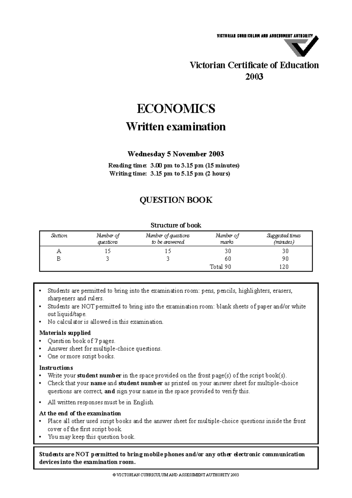 2003 VCE ECONOMICS Written Exam - Question Book & Instructions - Studocu