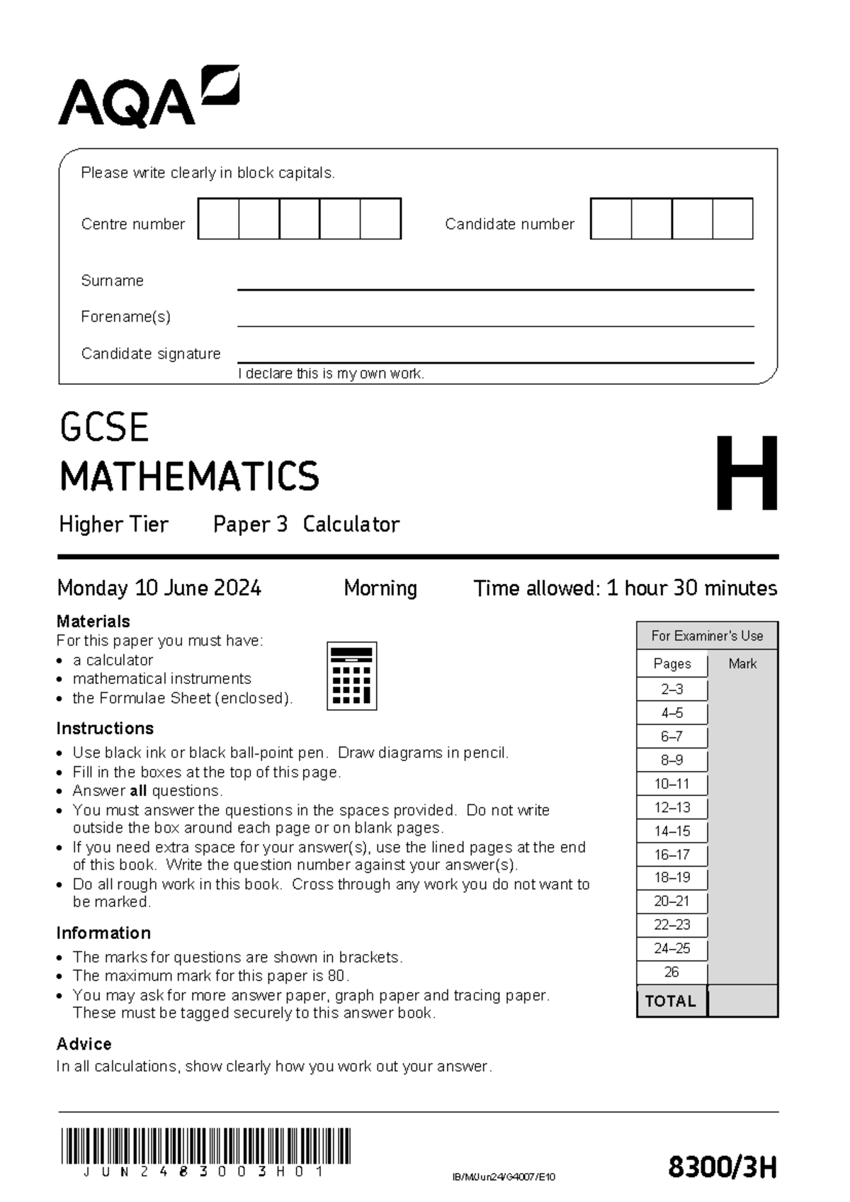 8300 3H Mathematics Higher Tier Paper 3 - June 10, 2024 AM - Studocu