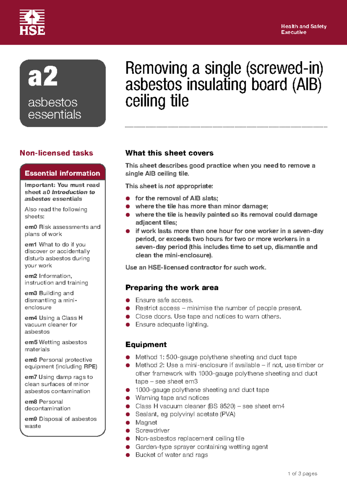 HSE A2 - Guidelines for Removing Asbestos Insulating Board Ceiling Tile ...