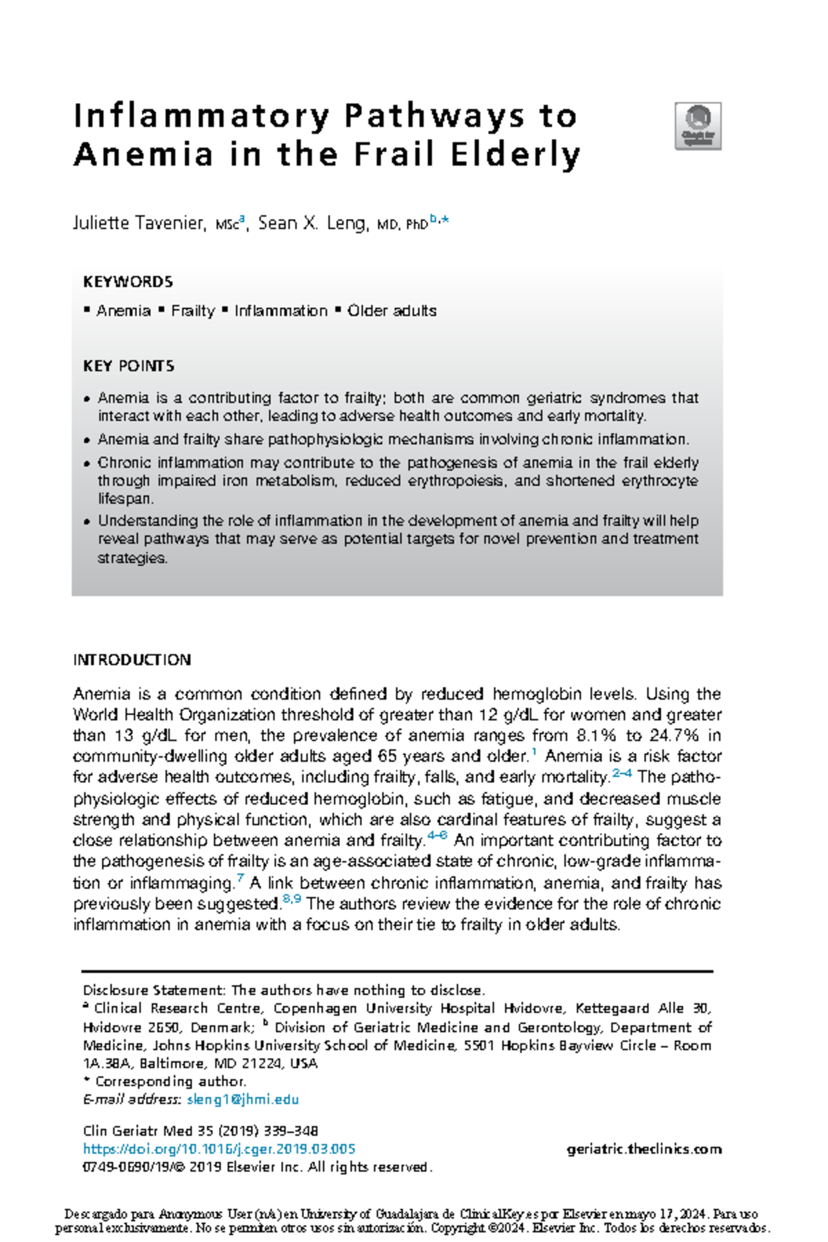 Anemia and Inflammation: Insights for Frail Elderly Patients - Studocu