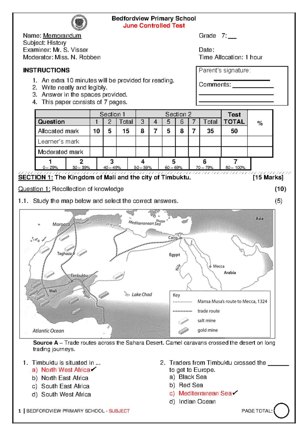 Grade 7 History June Controlled Test Memo (Examiner: Mr. S. Visser ...