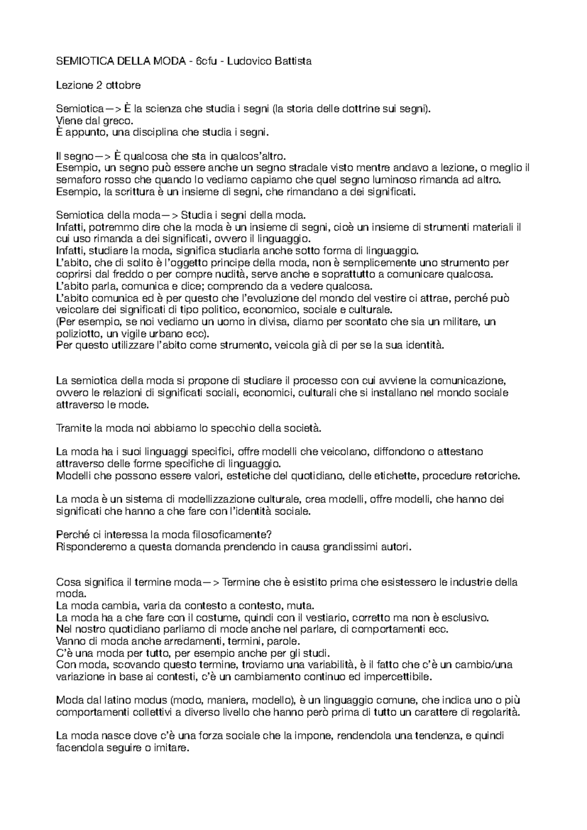 Semiotica della Moda - 6 cfu - Appunti di Lezione e Riflessioni - Document Preview
