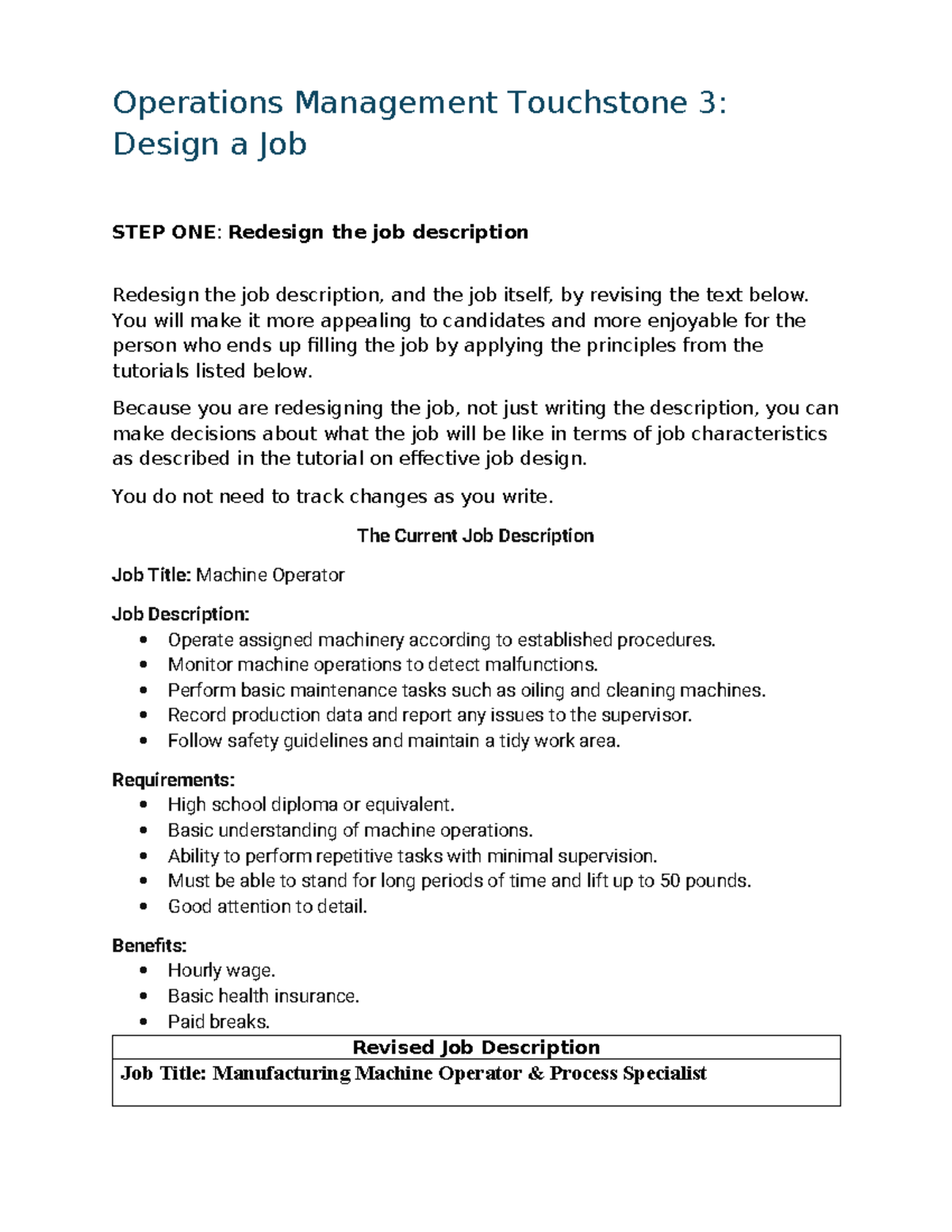 Operations Management Touchstone 3: Job Redesign for Machine Operator ...