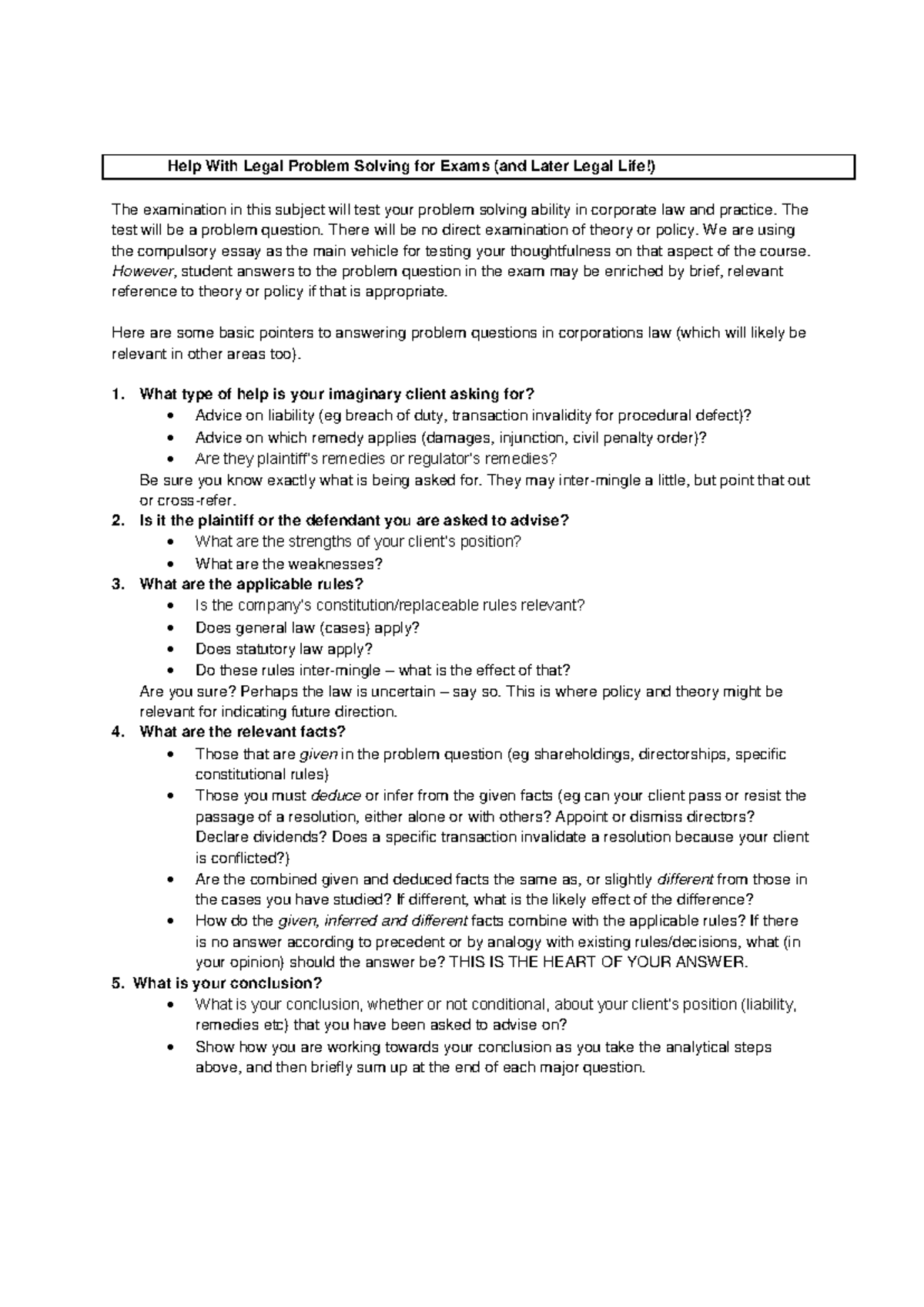 Legal Problem Solving Tips for Corporate Law Exams - Studocu
