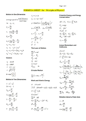 PHY1121 Formula Sheet for Principles of Physics I: Key Concepts - Studocu